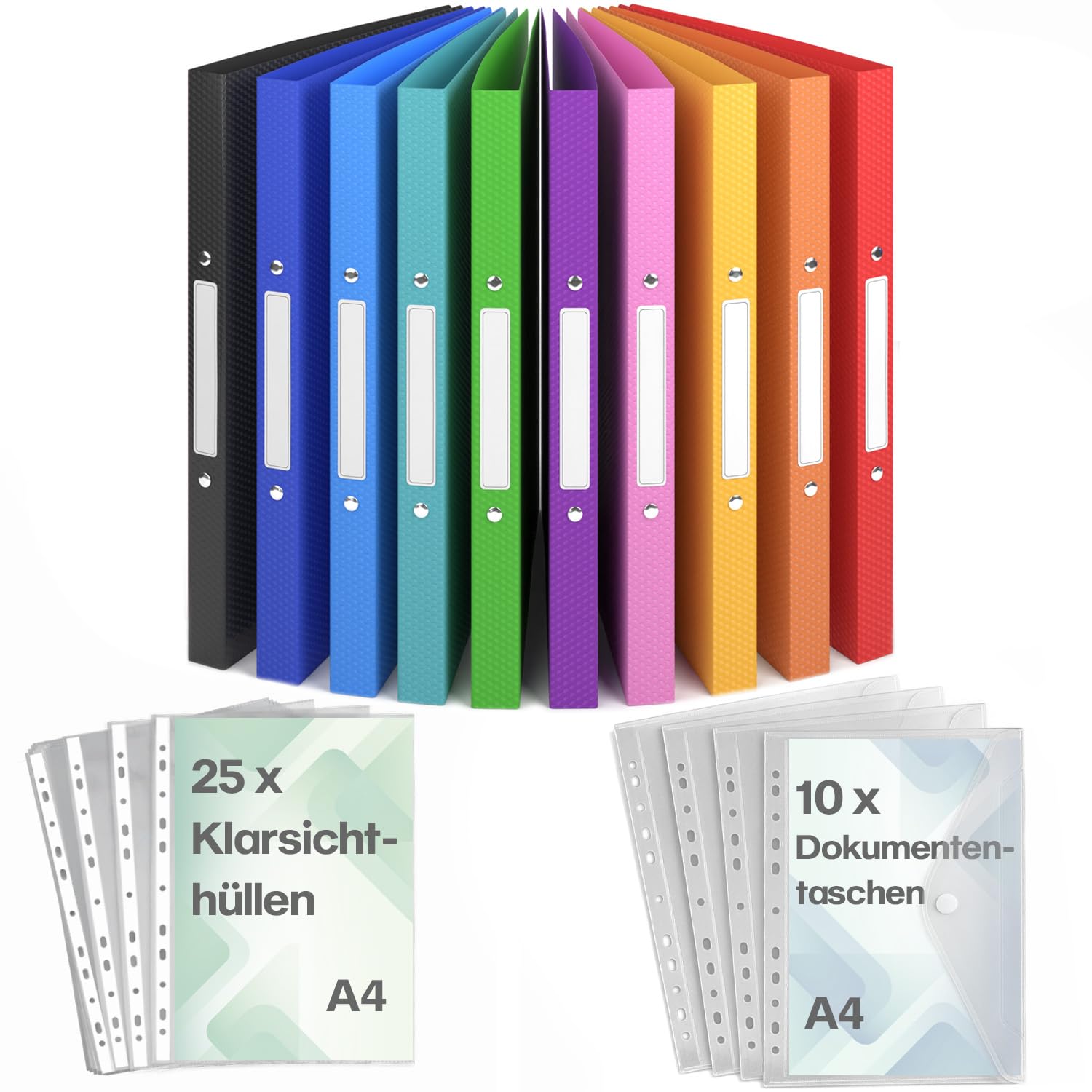 ACROPAQ - 10 x Ringbuch A4 - Inkl. 10 x Dokumententasche, 25 x Klarsichthüllen und 12 x Rückenetiketten, Mit 2 Ringen, Rückenbreite 2,5 cm, Regenbogen, "Nature" Farbkollektion - Ringhefter, Ringordner