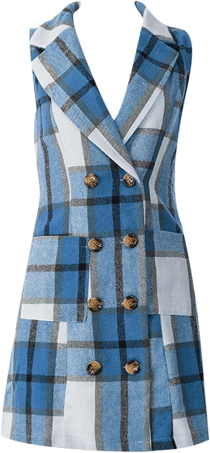 Women's Double Breasted Plaid Vest Collared Classic Longline Gilet