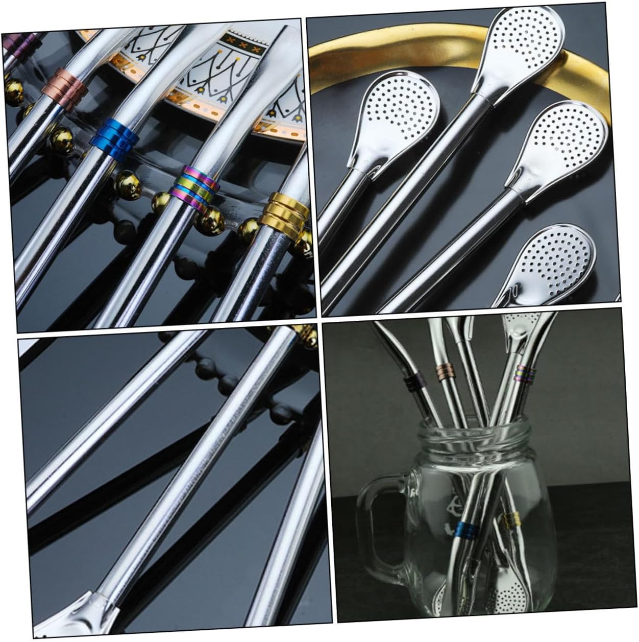 LABRIMP 5Pcs Stainless Steel Straw Spoon Versatile Filtering Mixing Spoon with Flat Mouth Design for Easy Drinking for Home Bar Bistro and Restaurant Use