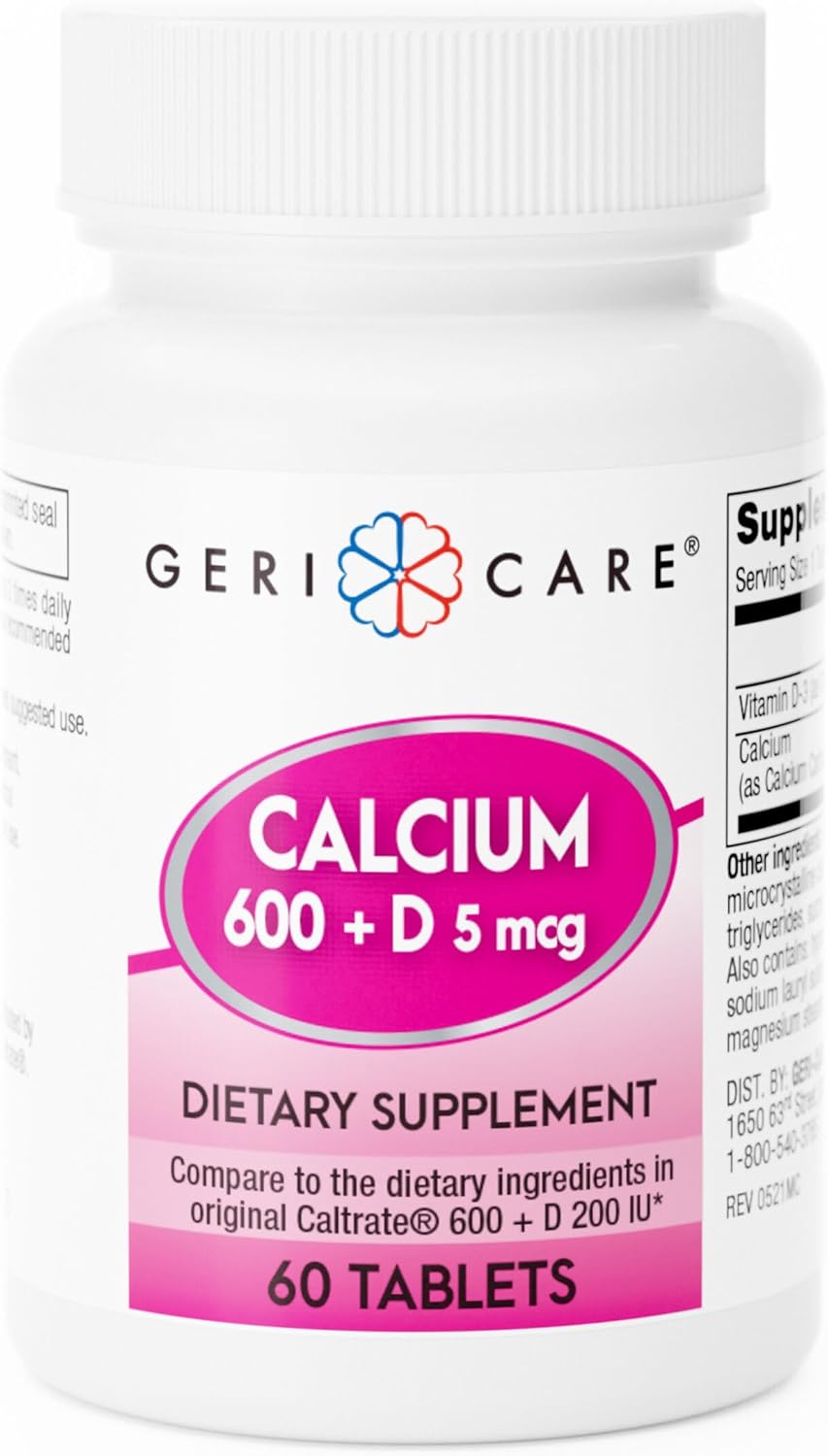 GeriCare Calcium 600mg, Vitamin D 5mcg (200 IU) Tablets, Supports Bone Health, Nutritional Supplement, 60 Count (Pack of 1)