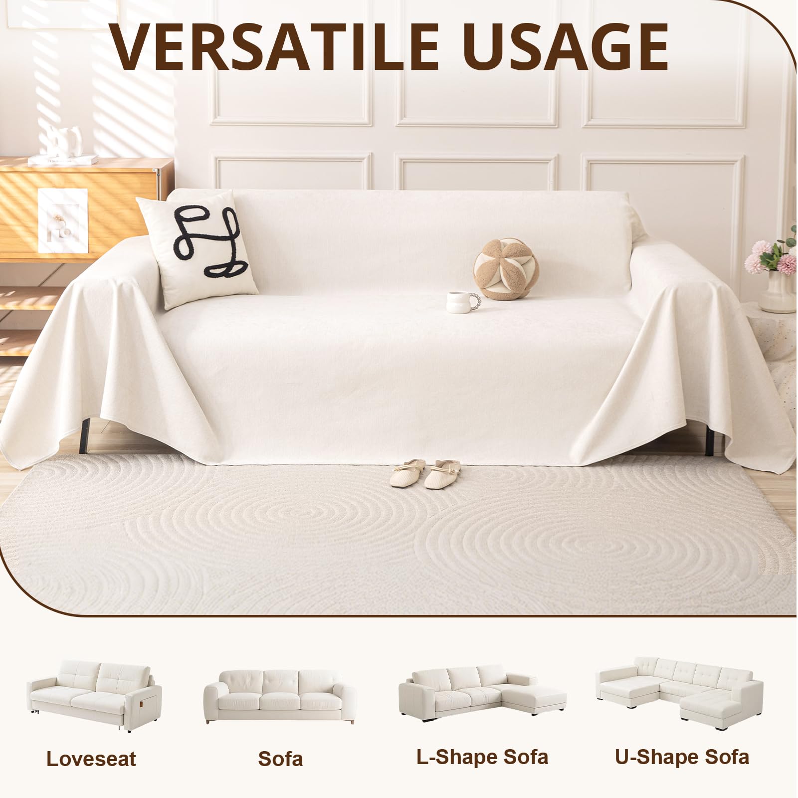 Royhom Telo Copridivano 2 Posti, Impermeabile Copridivano Antigraffio Gatto, Telo Impermeabile Divano con Base Antiscivolo, Ideale per Cani, Gatti e Bambini(Bianco, 180x340 cm)