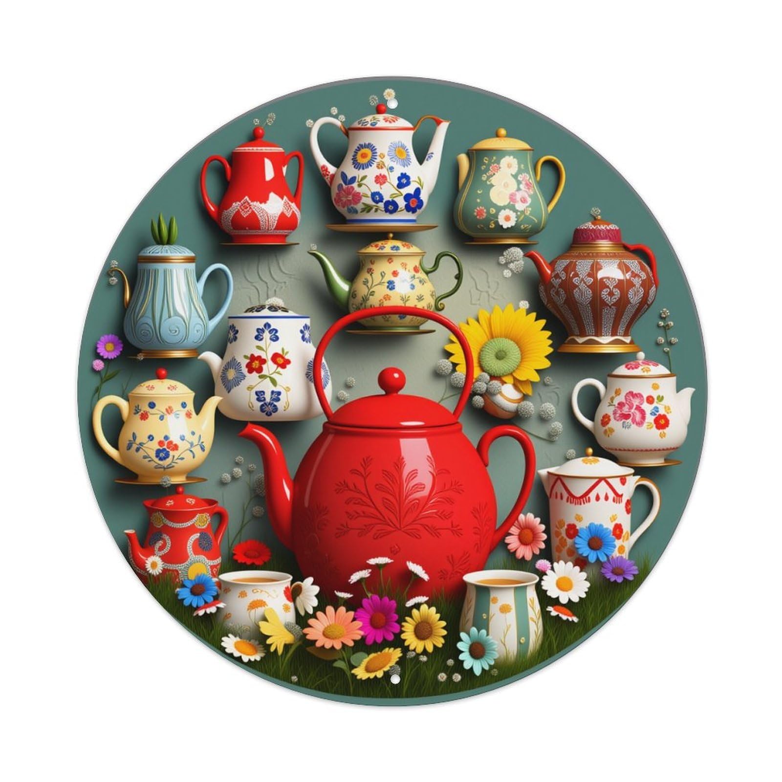 Floral Pattern Teapot Collection Art Round Tin Sign Vintage Style Metal Sign Home Bar Garden Wall Plaque Decor Metal Poster 8x8 Inch