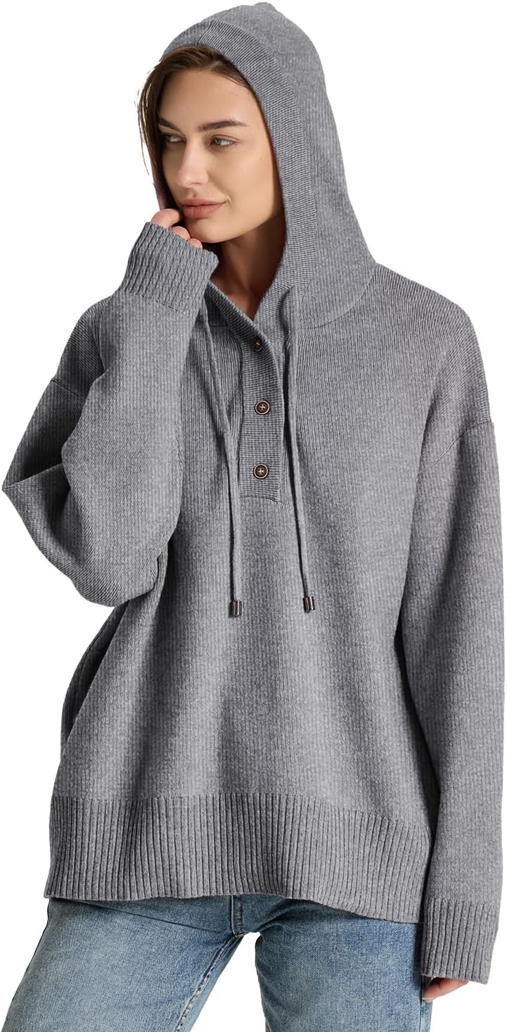 Womens Sweaters Soft Knit Pullover Henley Neck Long Sleeve Drawstring Button Front Casual Trendy Hoodies - Image 5