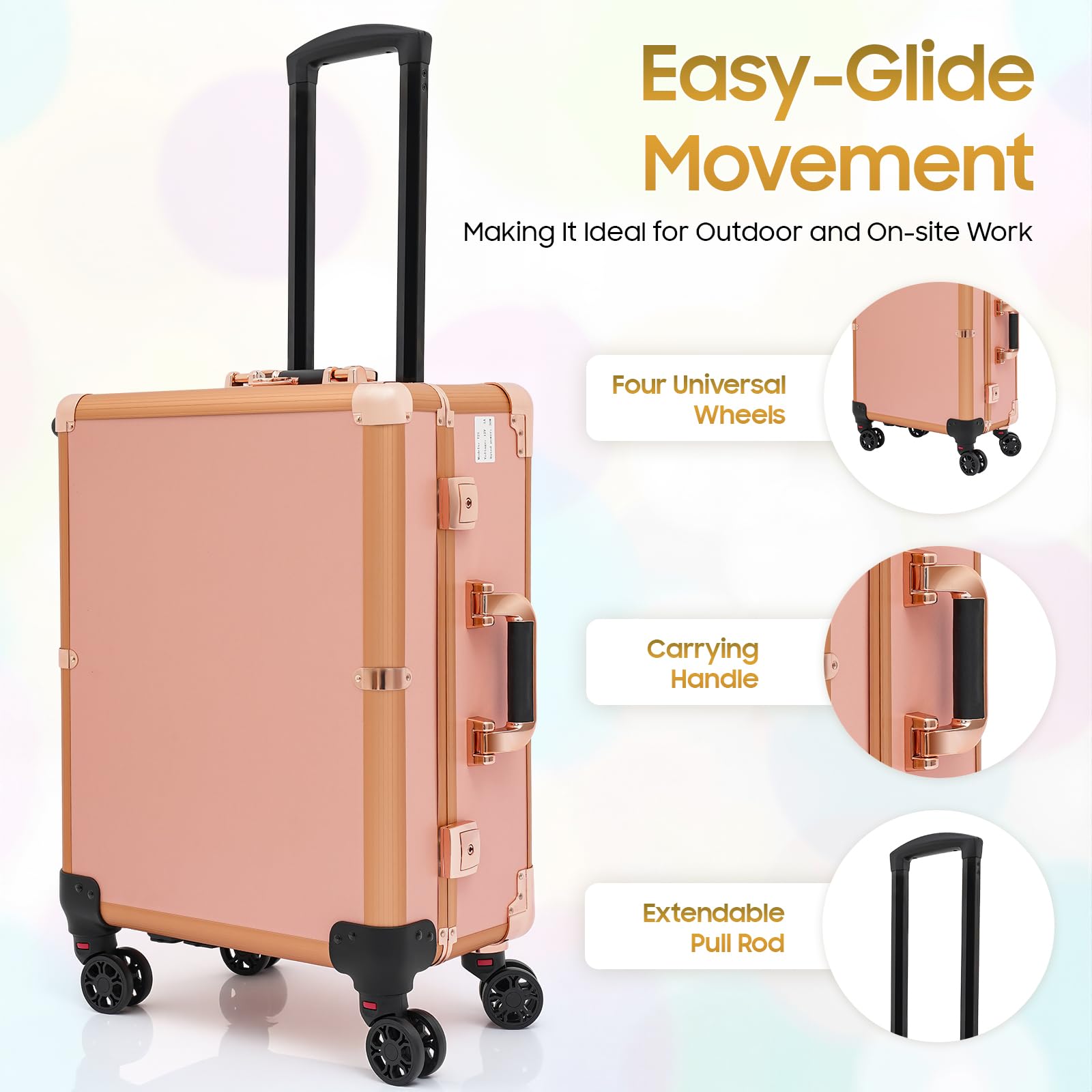 Maletín de Maquillaje Profesional con Luz LED y Espejo, Trolley de Maquillaje con Ruedas 360°, Patas Ajustables, Estación de Belleza Portátil para Maquilladores, Peluquería, Estética y Uñas