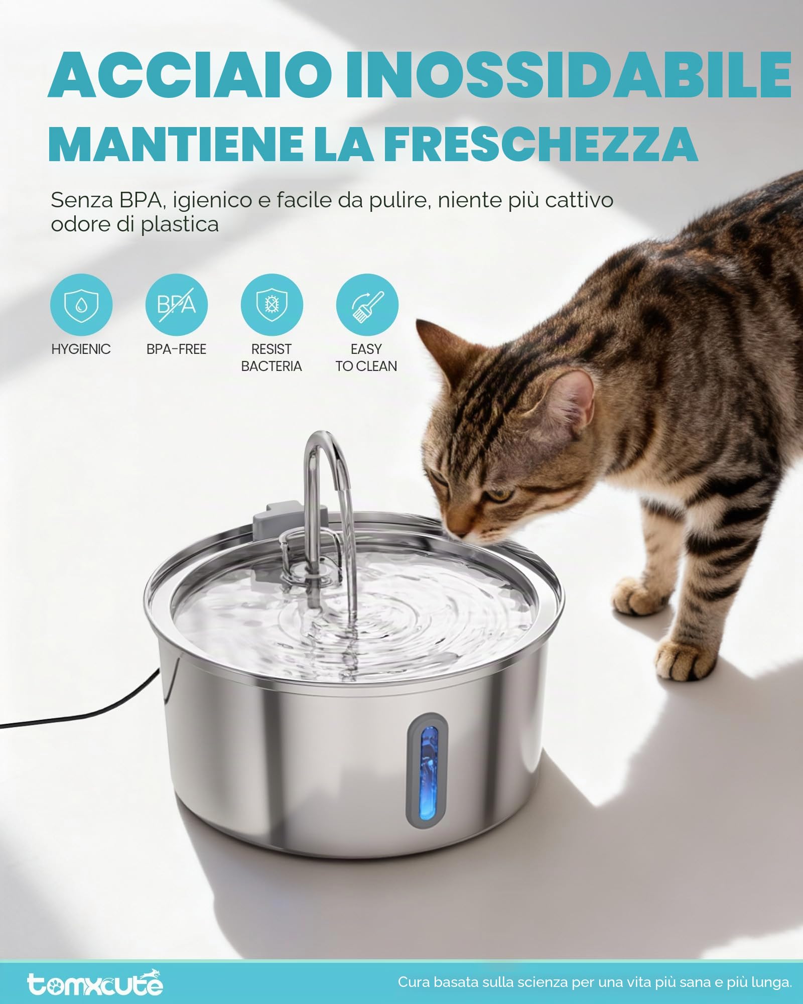 TOMXCUTE 3,2 litri Fontana Per Gatti, Fontanella per Gatti In Acciaio Inossidabile, a Forma di Rubinetto, Lavabile in Lavastoviglie, Pompa Silenziosa, Doppio Filtro