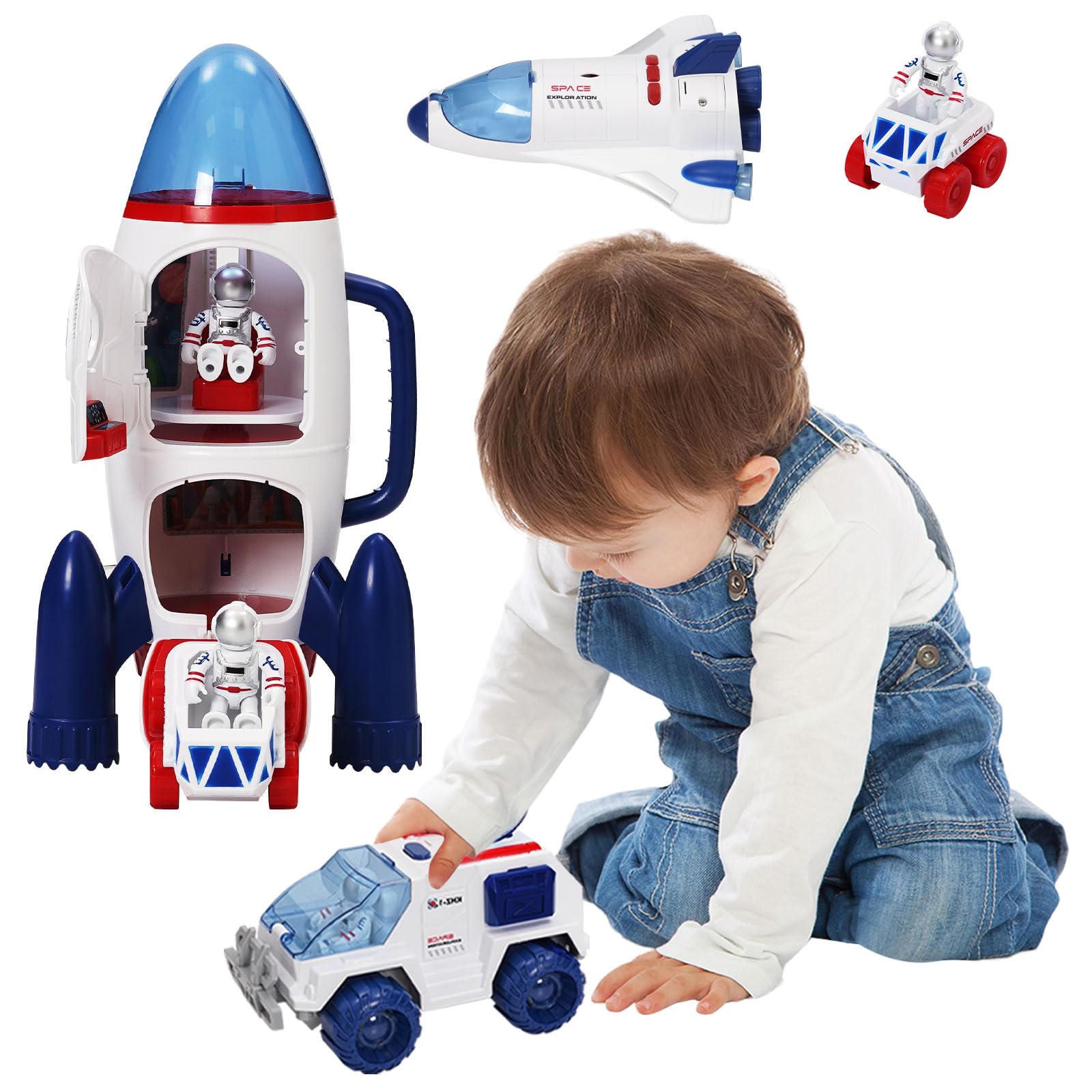Set da gioco astronautica con luce e suono per ragazzi e ragazze, con 3 personaggi astronauti, 1 razzo spaziale, 2 rovers spaziali, 1 navetta, Astro Venture