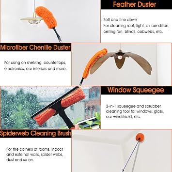 Buyplus 26FT Reach Dusting Kit, Long Duster with 5-20FT Extension Pole for High Ceilings, Cobweb Duster, Microfiber Duster, Window Squeegee, Extendable Duster Cleaning Kit