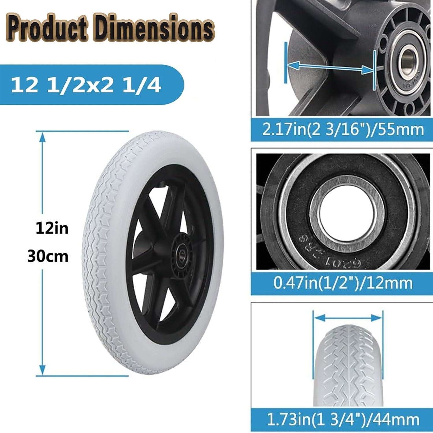 2 pcs Rueda Trasera de Recambio per Silla de Ruedas 12 pulgadas, Neumático de Repuesto de No Neumática PU Sólidas con Tornillos y Tapa Antipolvo(Black)