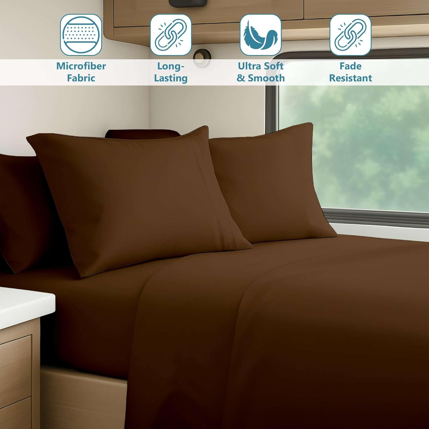 Ready To Rest Full Size 4 Piece Sheet Set for RVs (53x75) - Chocolate, Deep Pocket Fits 15 Inch Mattress, Ultra-Soft Brushed Microfiber, Ideal for Home, RV Bunks, Guest Beds & Travel Trailers