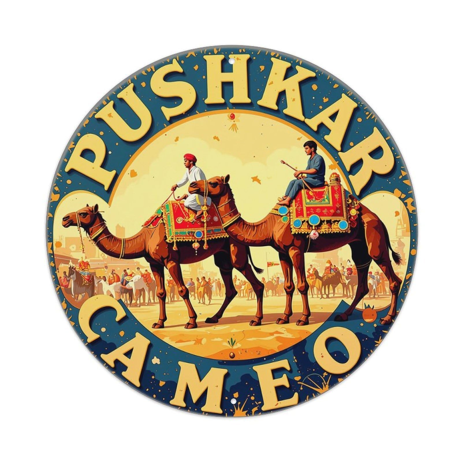 Camel Riders Desert Festival Scene Retro Metal Sign Round Tin Sign, Vintage Decor Art Poster for Bar, Home, Man Cave, Kitchen, Laundry Room Gift 8x8Inch