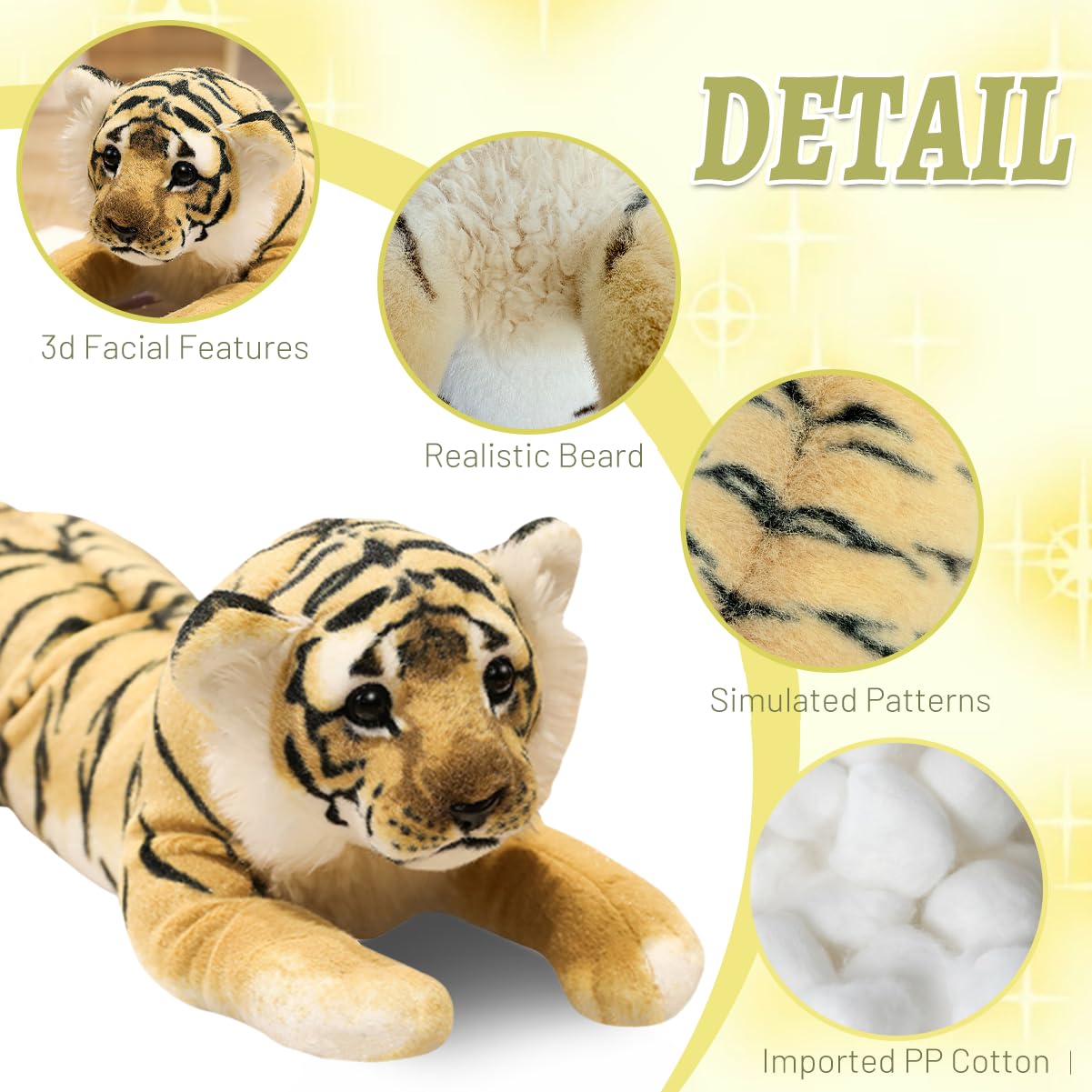 Grande Peluche Tigre 60CM, Giallo, Morbido Tigre Giocattolo | Carino peluche tigre, realistico & morbido, regalo di compleanno per ragazzi, ragazze, bambini, decorazione degli interni