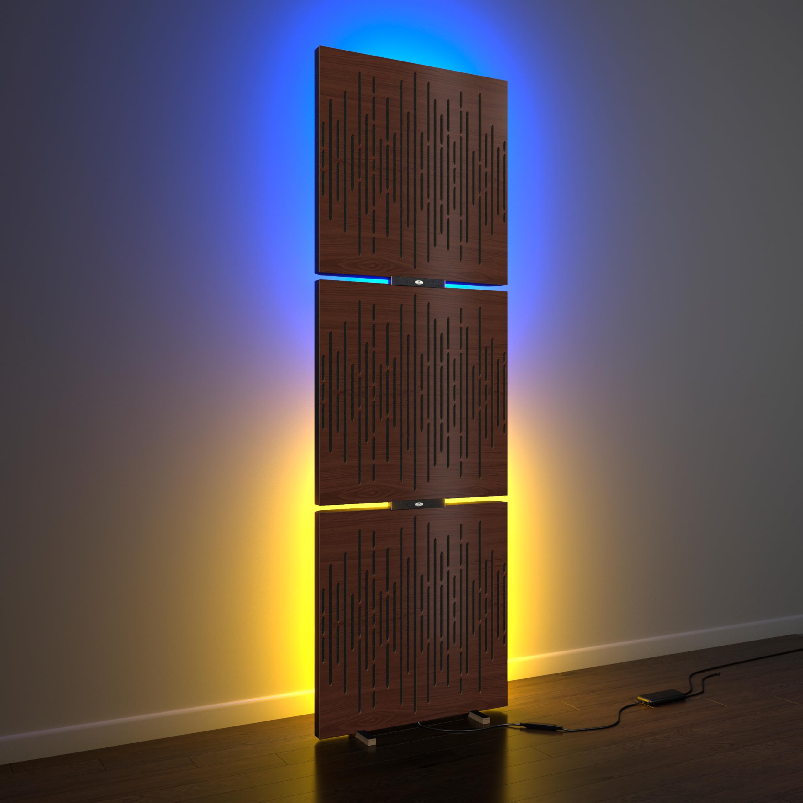 Pack de 3 paneles acústicos "WAVE" con soporte de lámpara de pie RGB | 150×50×5cm | Soporte móvil LED con retroiluminación | Absorción y difusión del sonido | Color de la placa: Nogal