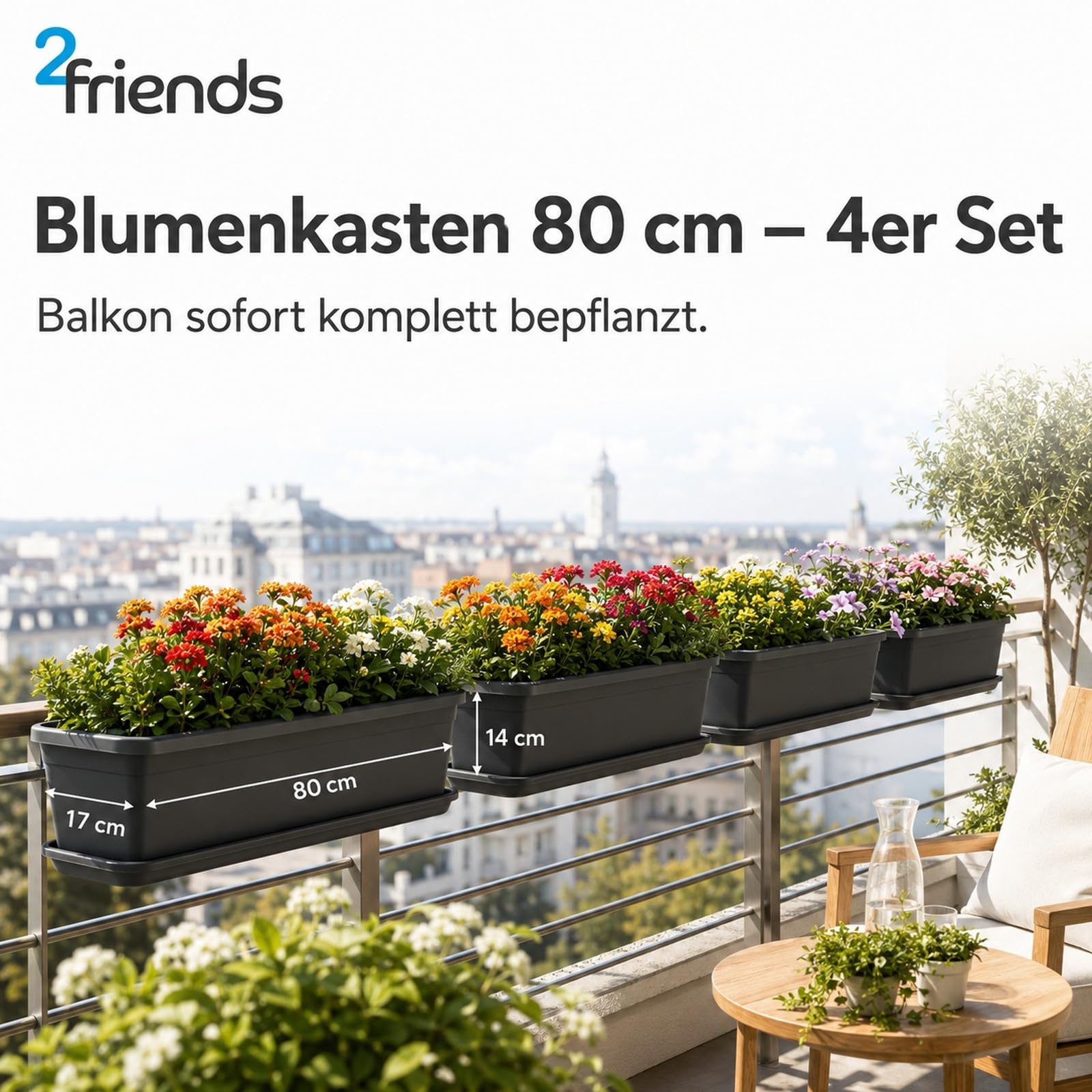 SUSTANIA Blumenkasten 80cm 4er Set mit Untersetzer – Balkon Blumenkasten Anthrazit, Balkonkasten Kunststoff UV-beständig, Blumenkästen für Balkongeländer & Fensterbank, Made in EU