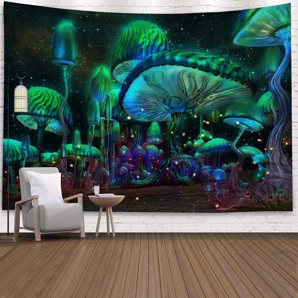 MWTWM Tapestry Wall Hangings, Trippy Hippie Bohemian Wall Tapestries, Psychedelic Boho Bright Green Mushroom Forest Print Art Room Decor Fabric For Bedroom Living Room