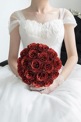 Miniatura 6 de Rosas artificiales con tallos, 30 rosas rojas con purpurina, rosas artificiales de seda para manualidades, ramo de boda, decoración del hogar (rojo)