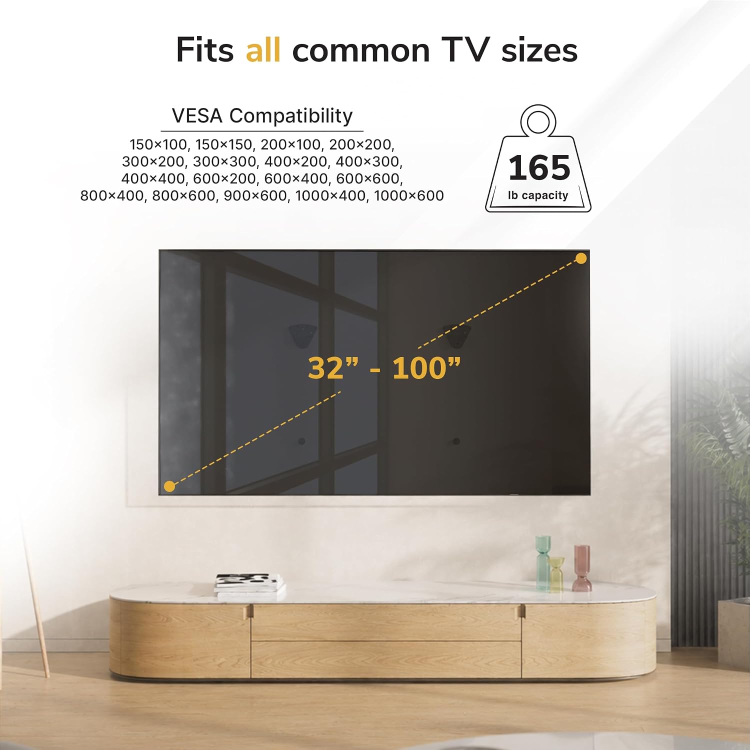 Mount-It! No Stud Studless TV Wall Mount for 32–100" TVs up to 165 lbs, No Drill Drywall Bracket, Universal VESA, Low Profile 0.94" 6 71wMo1FSLeL. AC SL1500