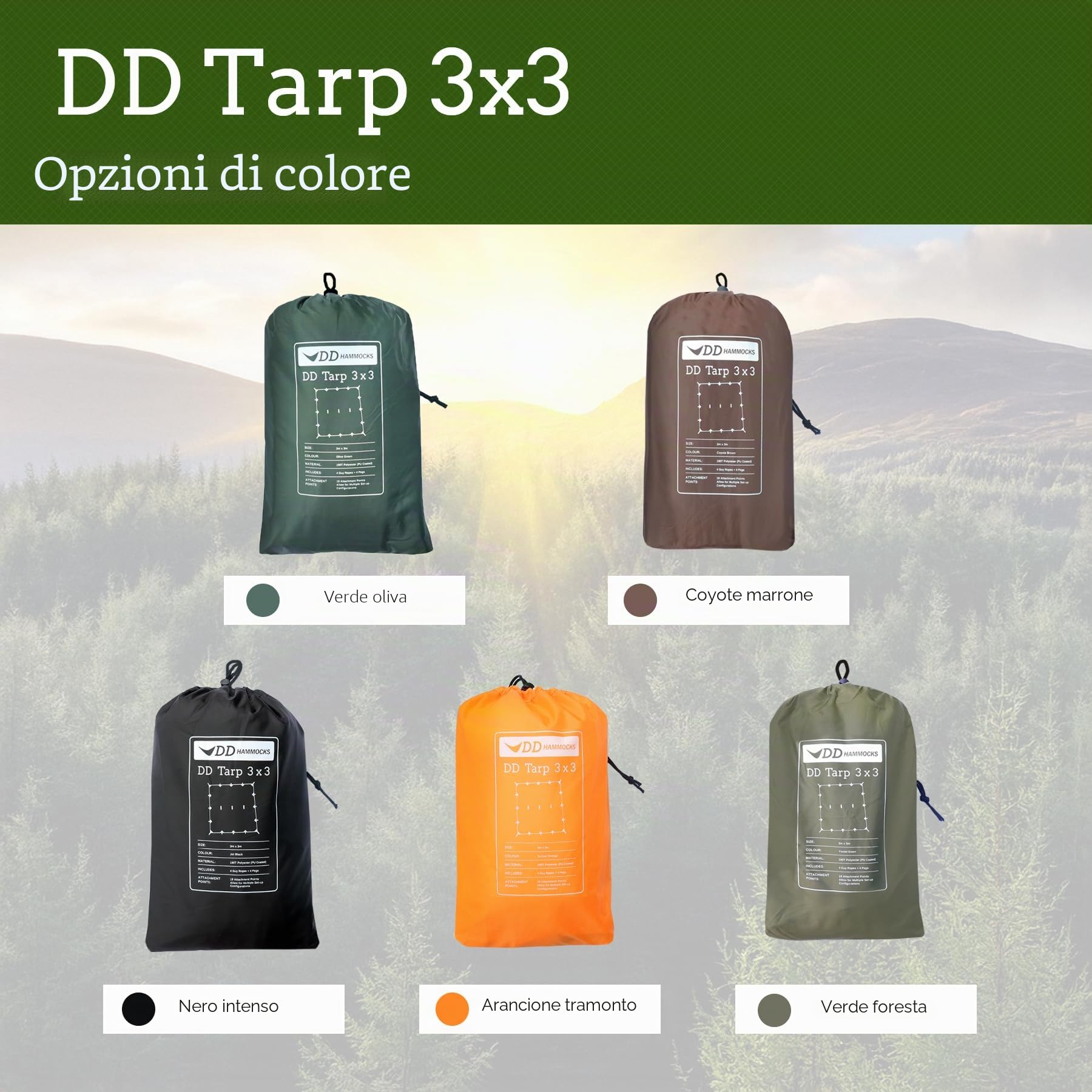 DD Hammocks - Tendalino in tela catramata, leggero, versatile e robusto, misure: 3 x 3 m
