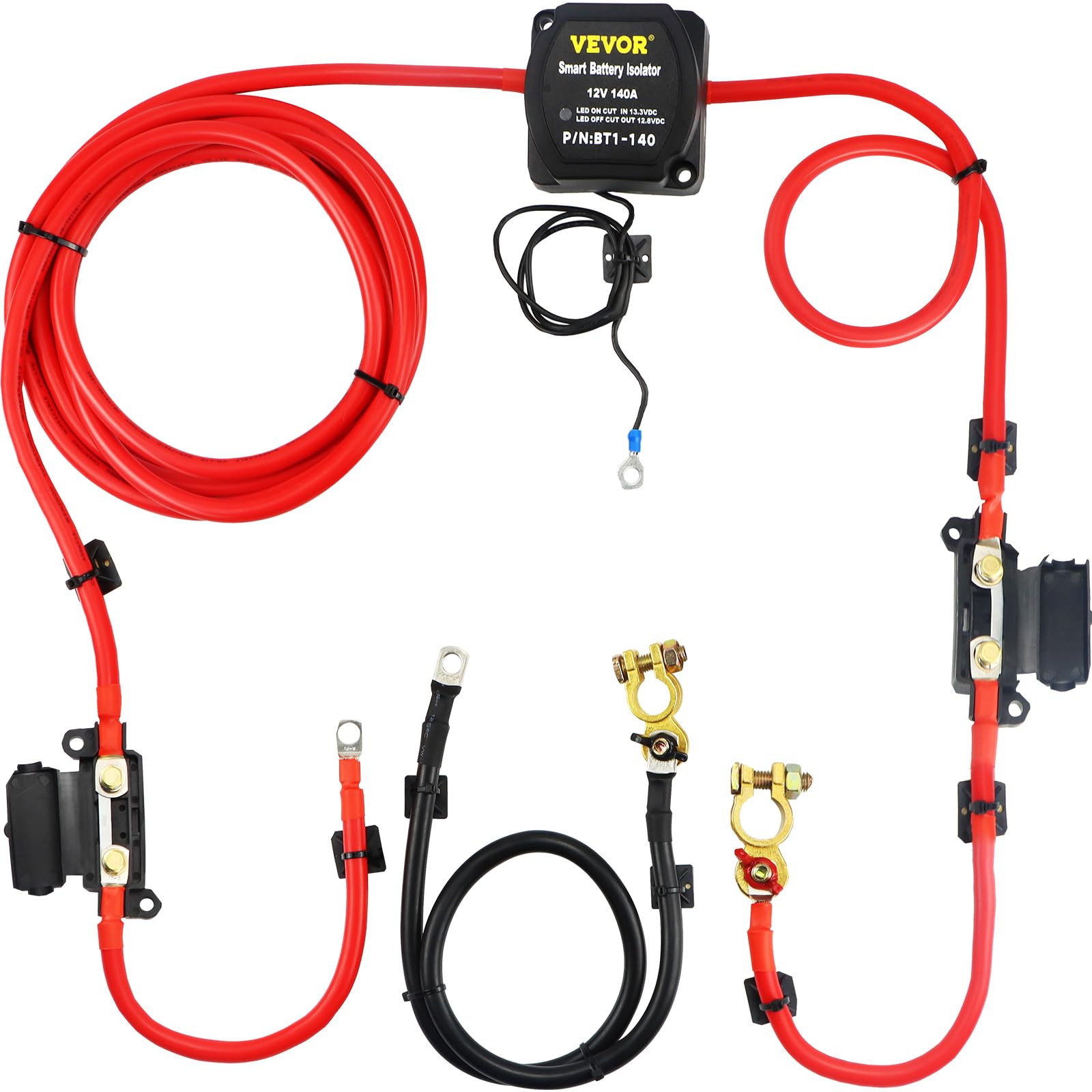 VEVOR Kit de Relais Sensible à la Tension 12 V 140 A Kit d'Isolateur de Batterie Double, Relais de Batterie Charge Divisé Universel Étanche avec Câble de Batterie de 4 m pour VTT UTV Camions Camping