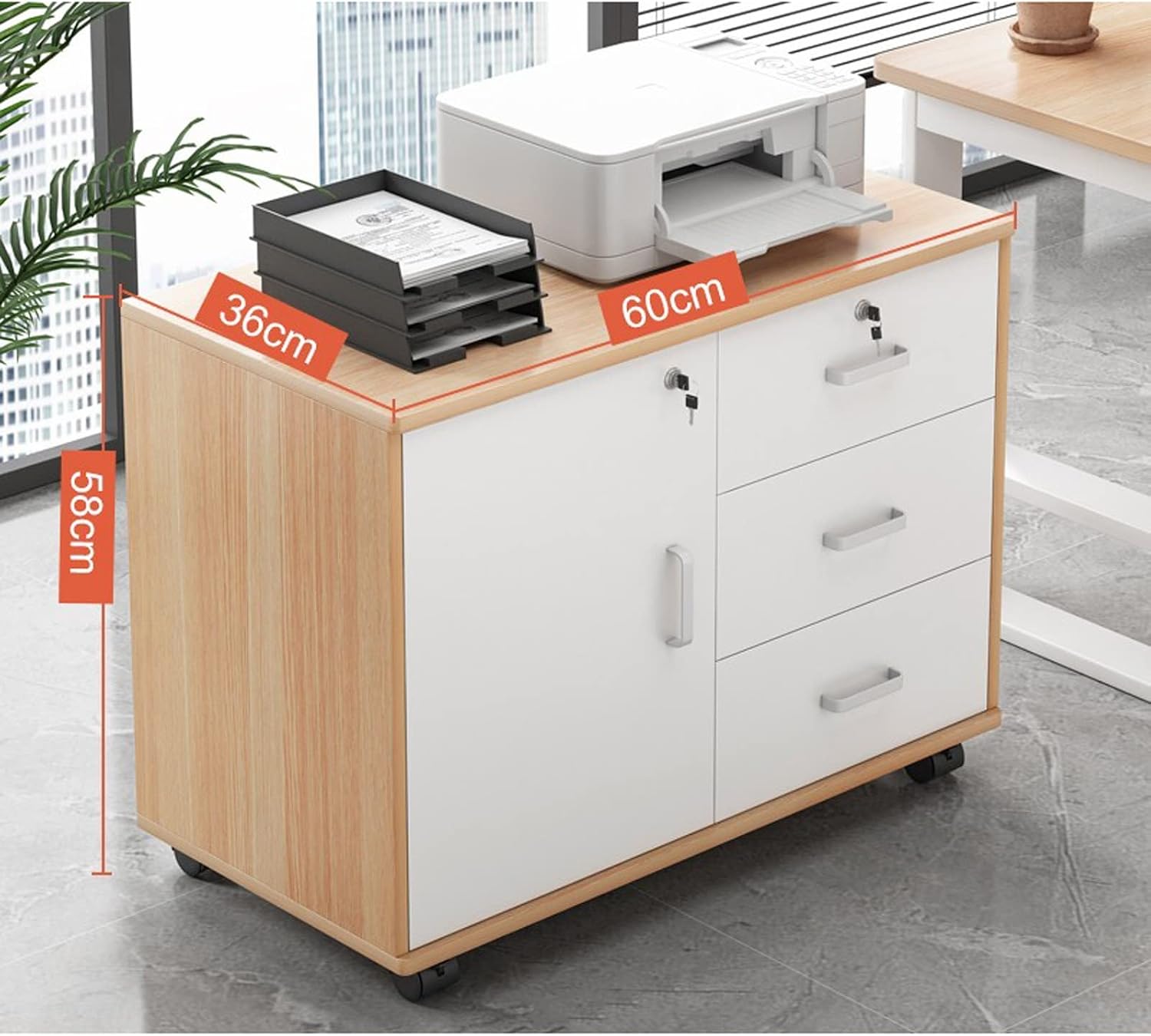 Wooden Mobile Lateral Filing Cabinet with Printer Stand and Storage Organizer Home Office Furniture Cabinet on Wheels