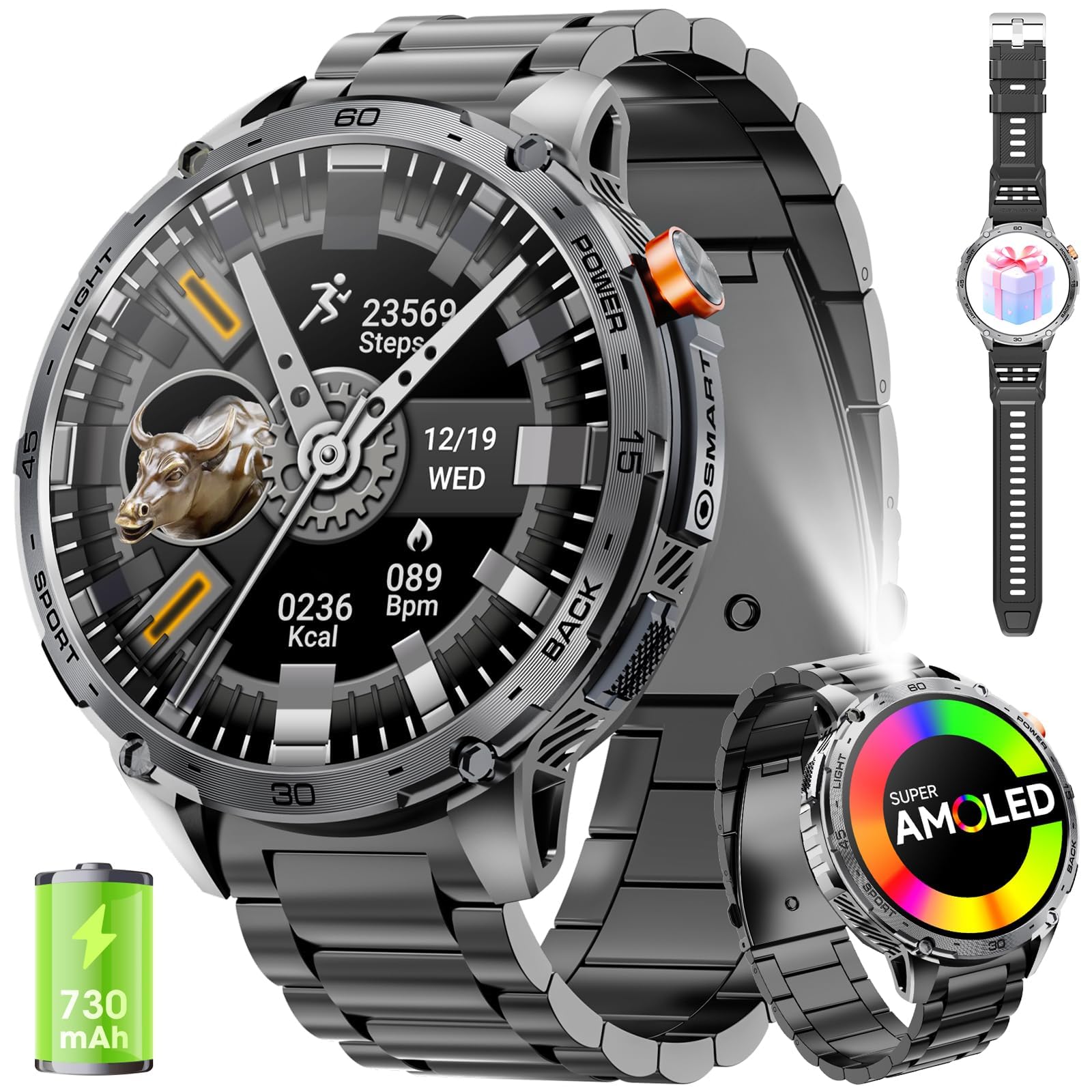 mingwear Smartwatch Uomo 1.75" AMOLED 730mAh 110+ Sportive Orologio Smartwatch con Sonno/Cardiofrequenzimetro/Torcia LED Militare Smartwatch Compatibile iOS Android (Risposta alle Chiamate Bluetooth)