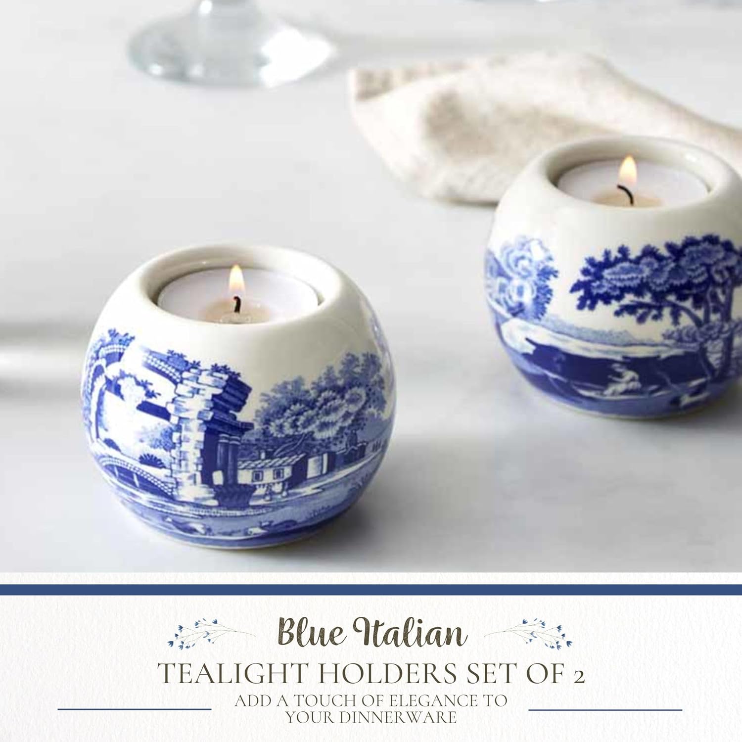 Spode Blue Italian Tealight Holders | Set of 2 Round Tealight Holders | Made of Fine Porcelain | 4 Inch Candle Holders for Home Décor and Housewarming Gift | Dishwasher Safe