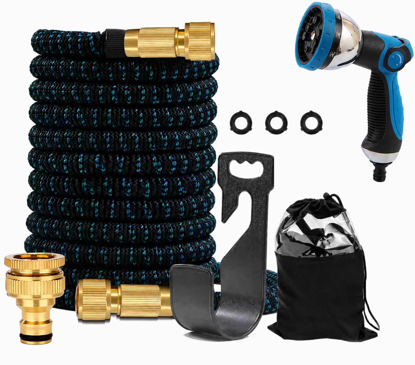 Manguera de Jardín Extensible 22,5 m (75 FT) Premium – Triple Látex – Conectores de Latón – Pistola de Metal con 10 Modos de Pulverización – Alta Resistencia (Verde) (Azul)