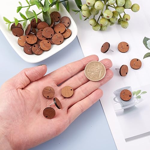 Miniatura 6 de Craftdady 20 pares de aretes de madera natural, disco redondo, madera de nogal, acero inoxidable, 0.591 in para mujer, fabricación de aretes de