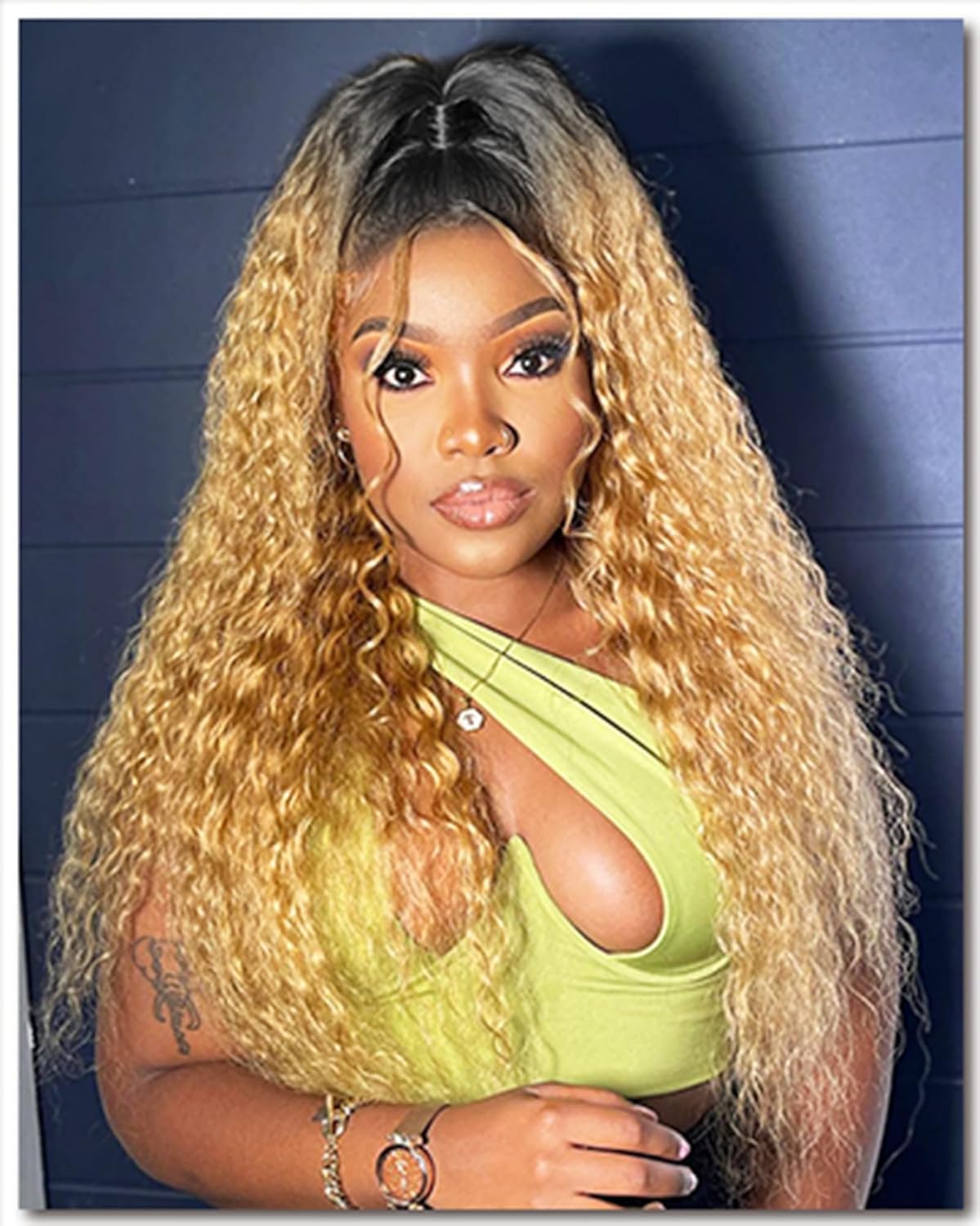 Curly Human Hair Wig Omber T 27 Lace Frontal Closure Deep Curly Human Hair Wig Pre Plucked Pre Cut Lace Frontal Closure Glueless Wigs Elastic Band 200% Density