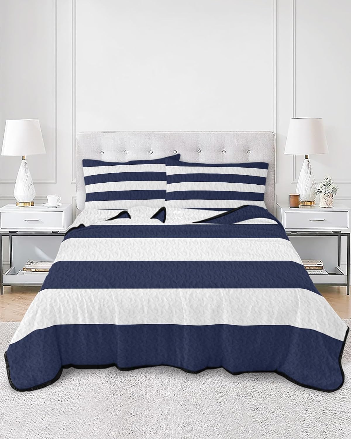 King Size Quilt Set, Blue White Striped Lightweight Bedspread Coverlet Set Soft Microfiber Summer Quilt with 2 Pillow Shams, Abstract Geometric Art 3 Piece Comforter Bedding Set