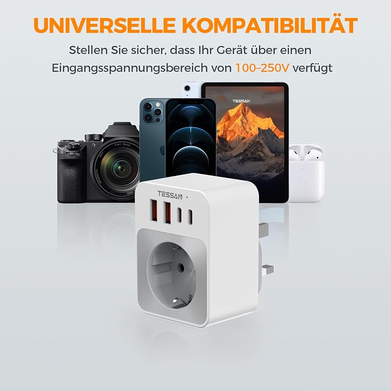 TESSAN 5 az 1-ben utazó adapter összecsukható angol-német típusú aljzat 2 USB-C és 2 USB-A porttal