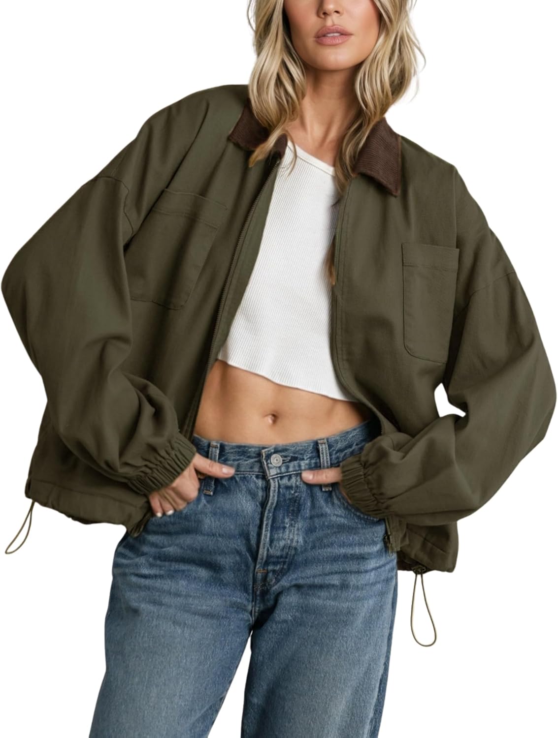 Women’s Barn Jacket Corduroy Collar Zipper Utility Jacket Cinchable Hem Workwear Jacket with Pockets