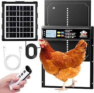 Automatic Chicken Coop Door Solar Powered with Timer, Light Sensor, Remote Control, LCD Display, Aluminum Alloy 4 Auto Modes Wide Solar Chicken Coop Door, Anti-Pinch, Weatherproof, USB Backup, Black