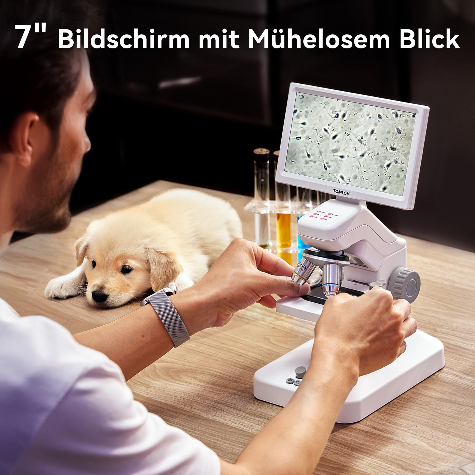 TOMLOV DM301 Pro Biologisches Mikroskop 1200X: 7" Digital Mikroskop mit USB-Ausgang für Erwachsene Kinder, 3 Objektive, Integrierter Messskala, Doppelte LED-Beleuchtung, Kompatibel mit Handy, PC&TV