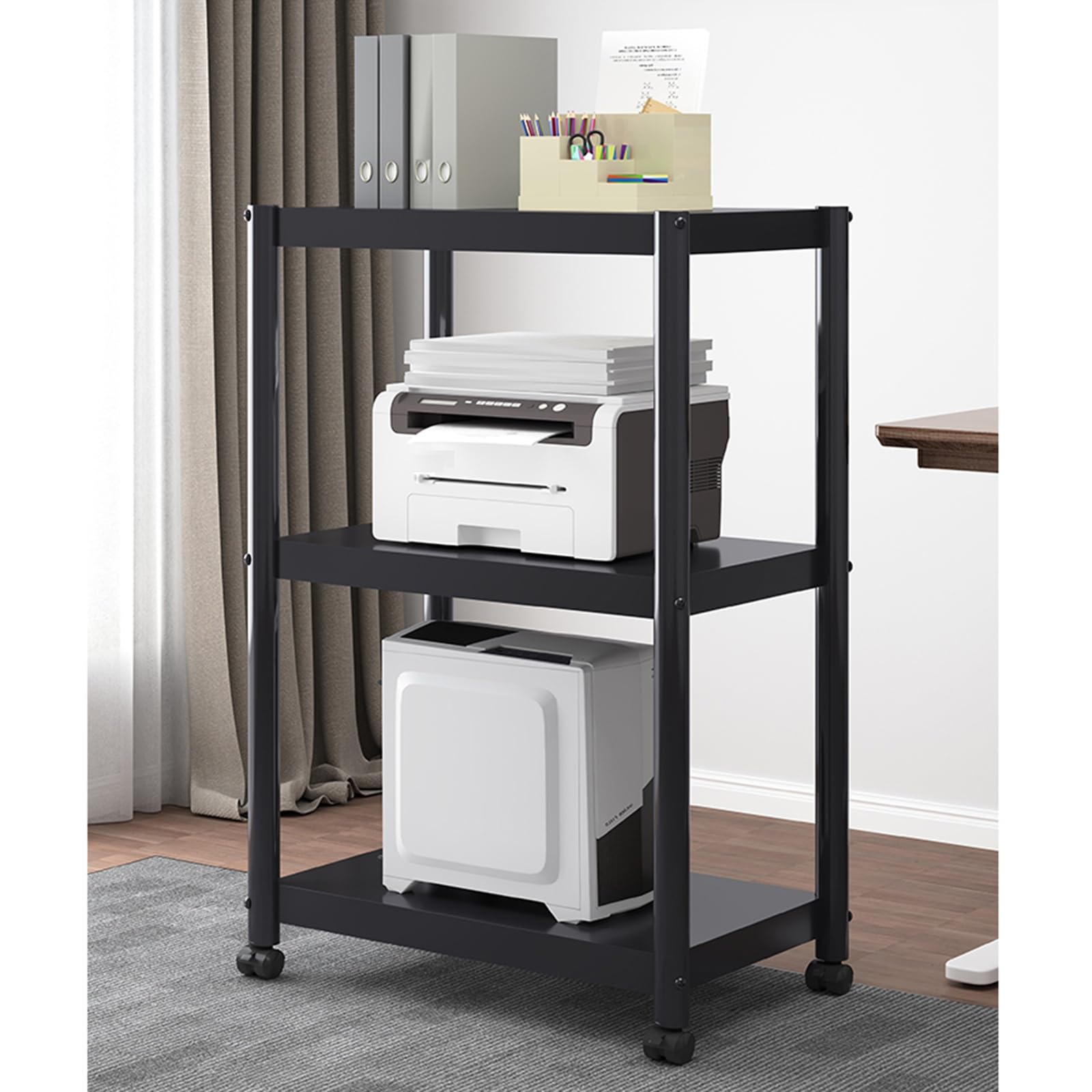Soporte metálico para Impresora con Ruedas, Carrito de Almacenamiento de 3 Niveles Que Ahorra Espacio, con estantes rodantes para escáner y Prensa térmica | Mesa Multiusos para el