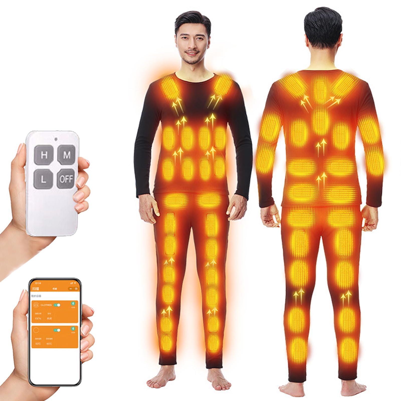 48 Zones sous-Vêtements Thermiques Chauffés avec APP Et Télécommande, Ensemble De Couche De Base Doublée en Molleton