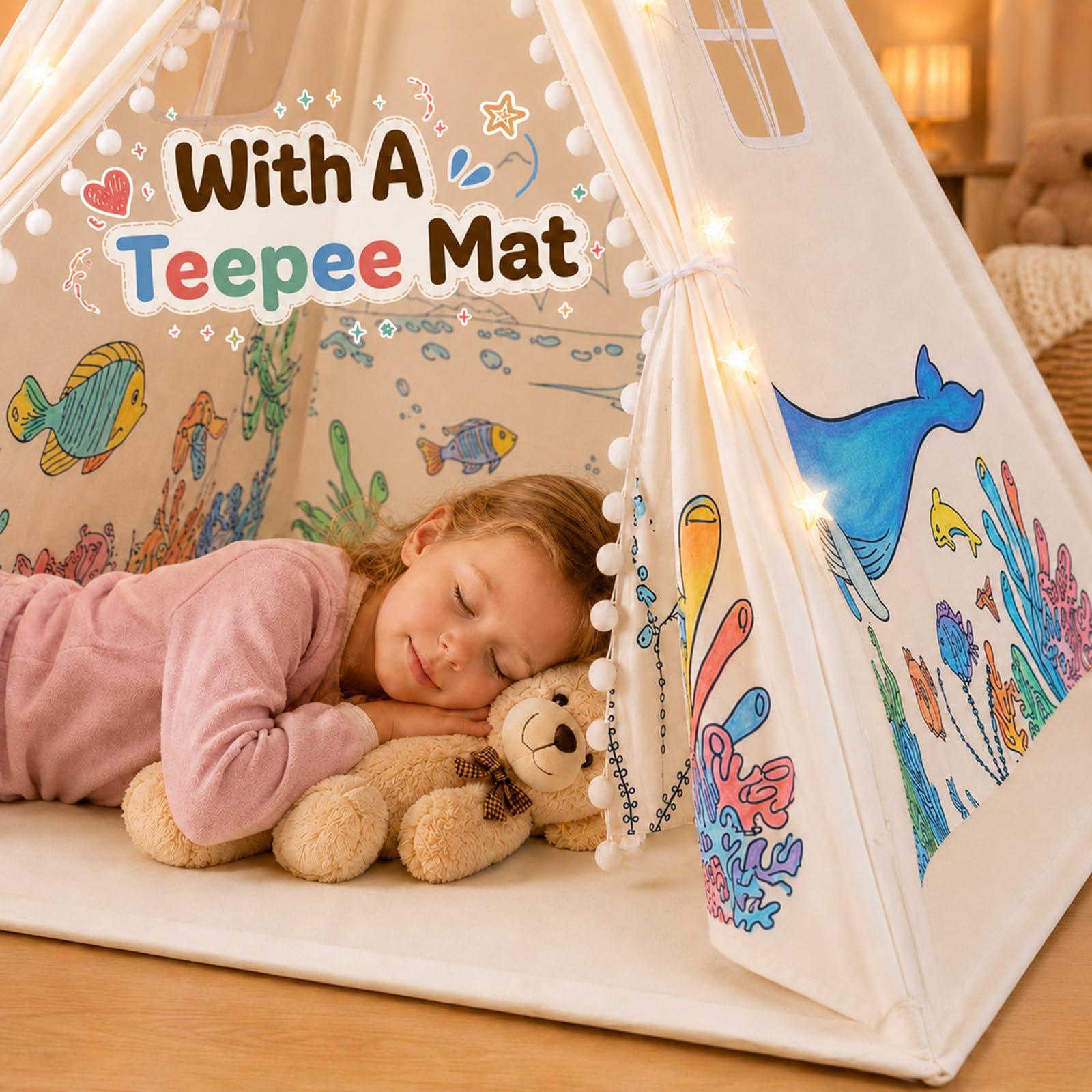 DIY Tipi Zelt für Kinder Indoor mit 12 Pinsel+Lichterkette+Tasche, 120x160cm Waschbar Kinder Zelt Tipi Zelt Kinderzimmer für Mädchen & Jungen – Malen, Spielen & Entspannen im Kinderzimmer