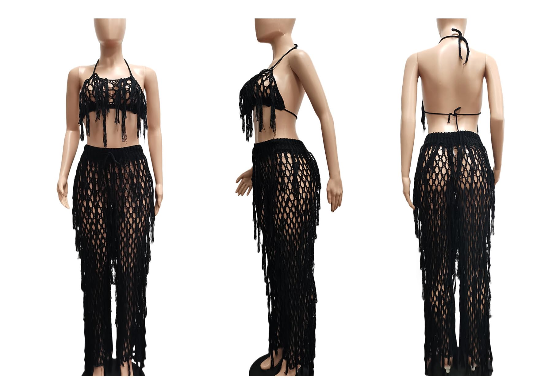 Tbahhir Conjunto de 2 piezas para mujer, sexy, de ganchillo, bikini, para playa, parte superior halter, pantalones con flecos