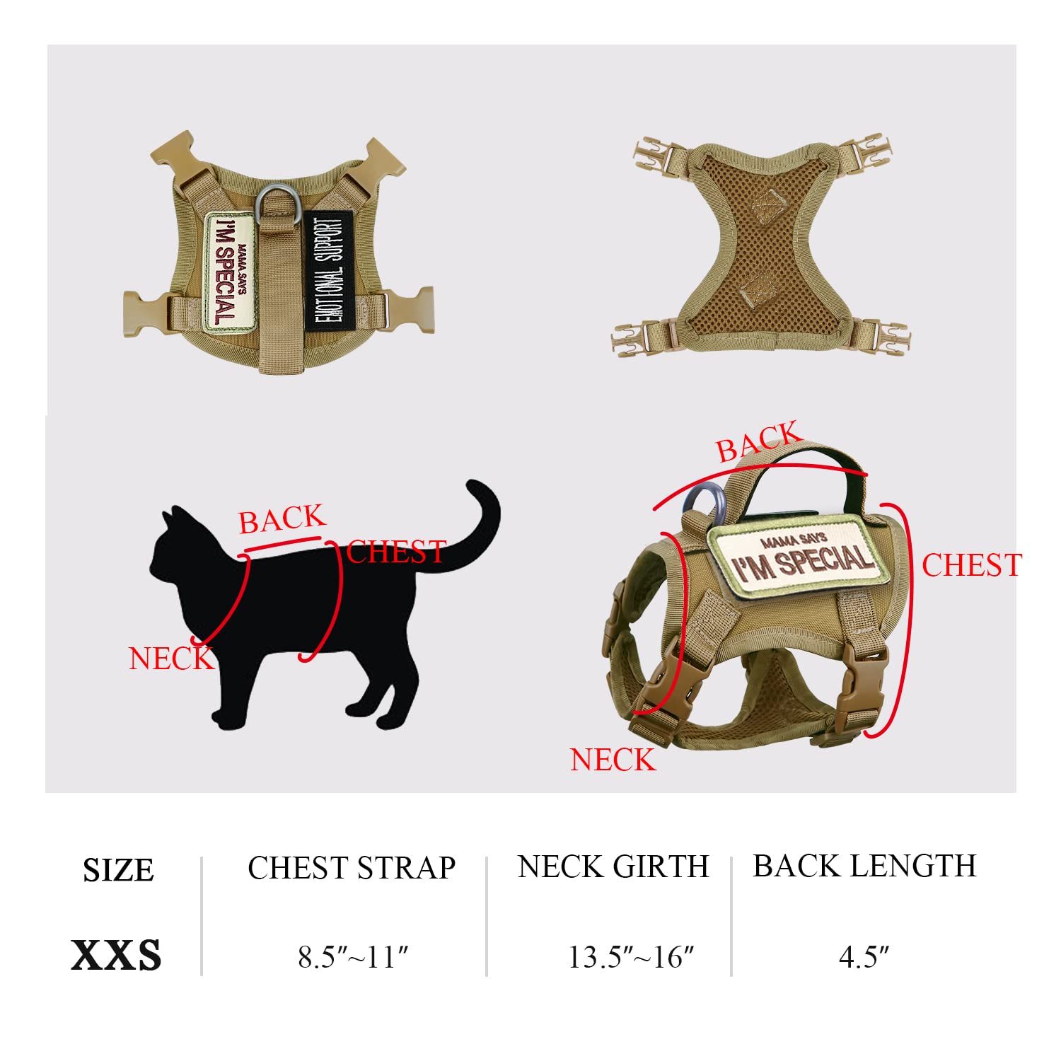 Tactical Cat Harness for Walking Escape Proof Soft Mesh Adjustable Pet Vest Harness for Large Cat,Small Dog (Medium, Khaki) - Image 3