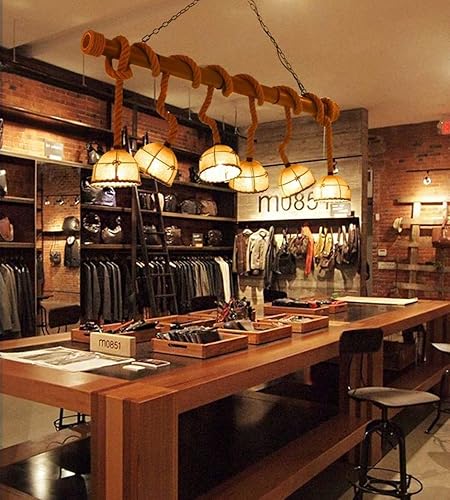 Miniatura 5 de Genérico Araña moderna, LED Modern Chandelier Lamp Large Retro Hemp 6 Bamboo Cloth Cover Hand Woven Rope Adjustable Sling E27 Living RoomDining