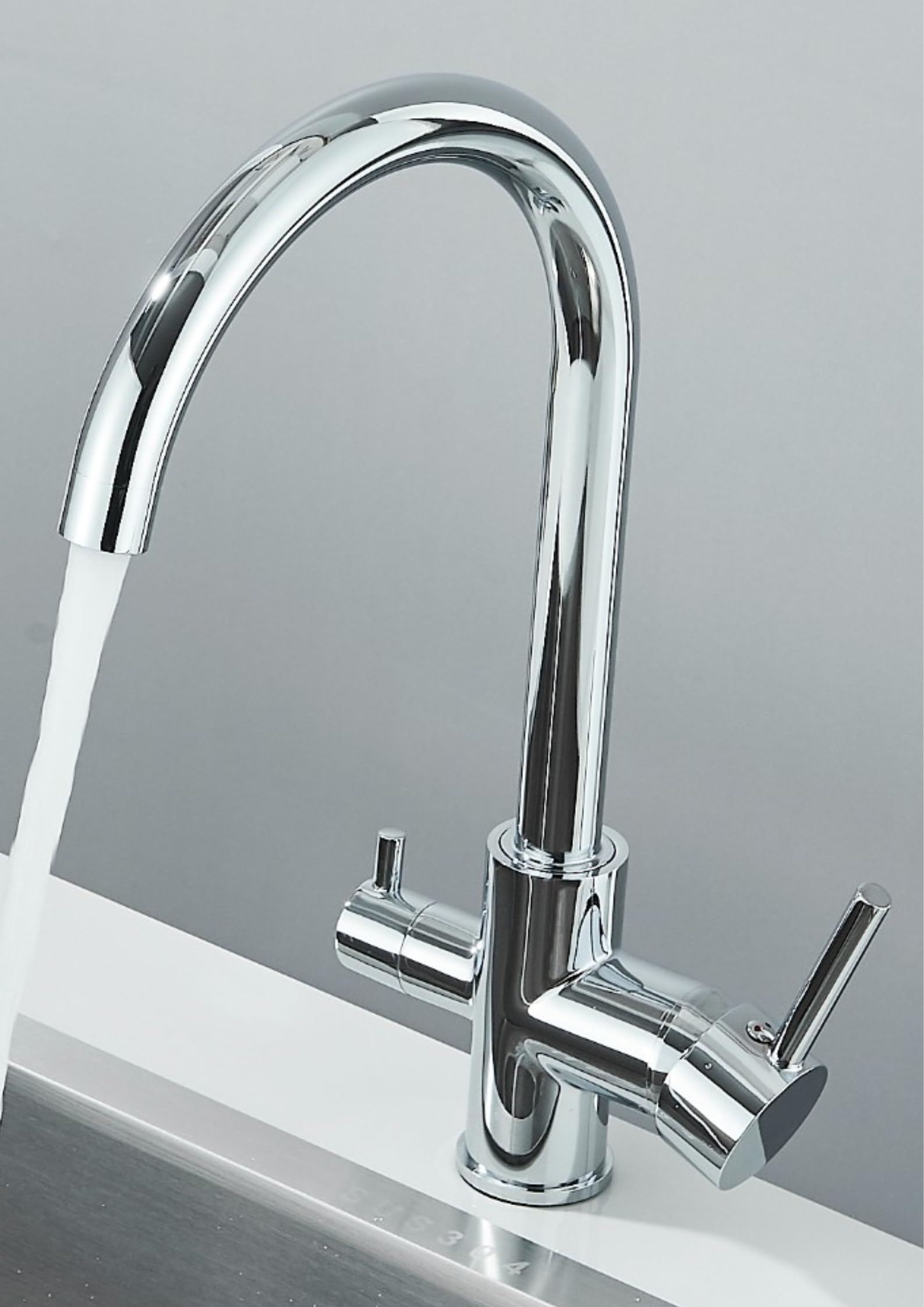 Ari 3-Wege Küchenarmatur Spültischarmatur Trinkwasser Wasserhahn Küche Chrom Schwenkbarer Auslauf Linko im Set mit Untertisch Wasserfilter Trinkwasserfilter System Flow Comfort D1