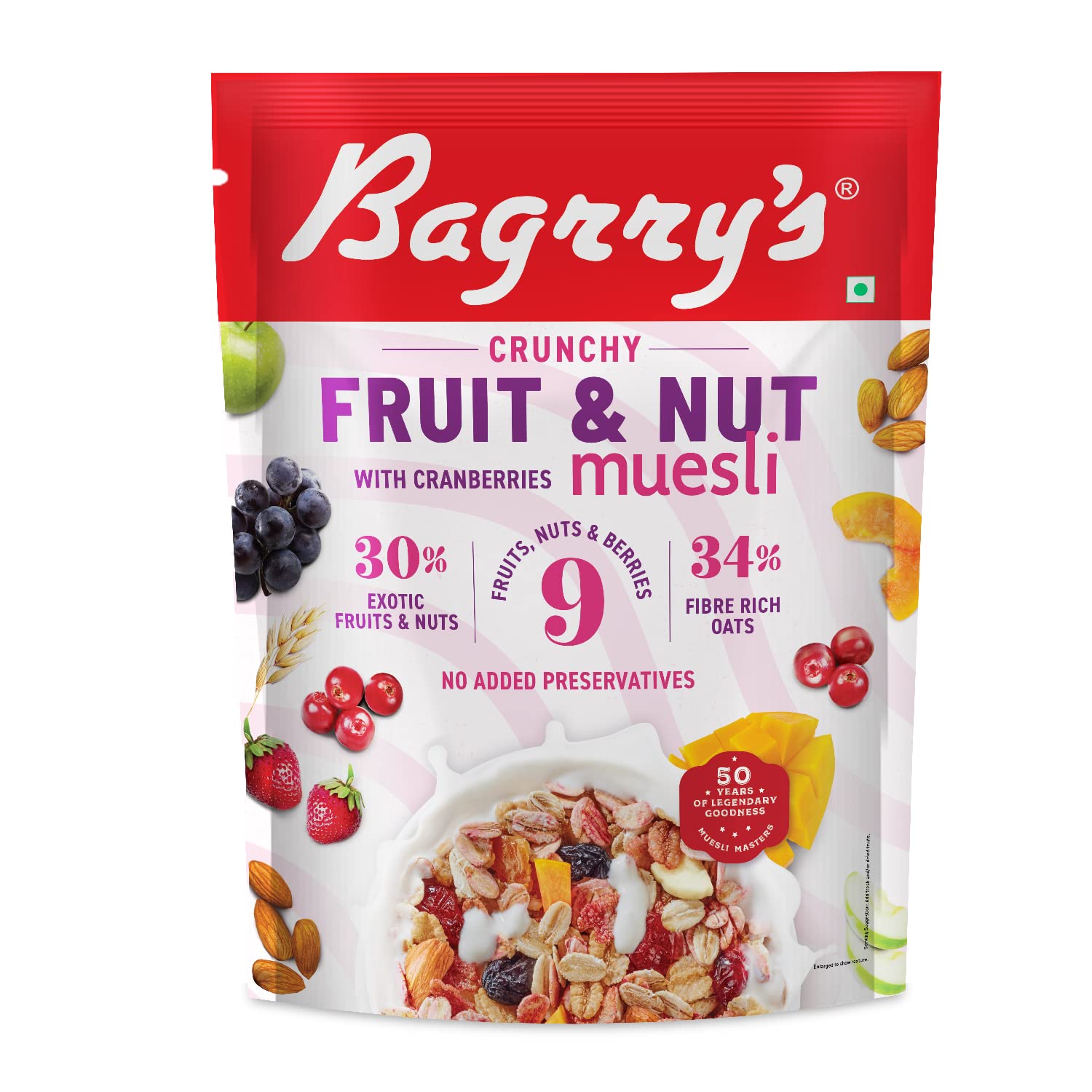 Bagrry's Crunchy Muesli With 30 Fruit & Nut Cranberries 375gm Pouch
