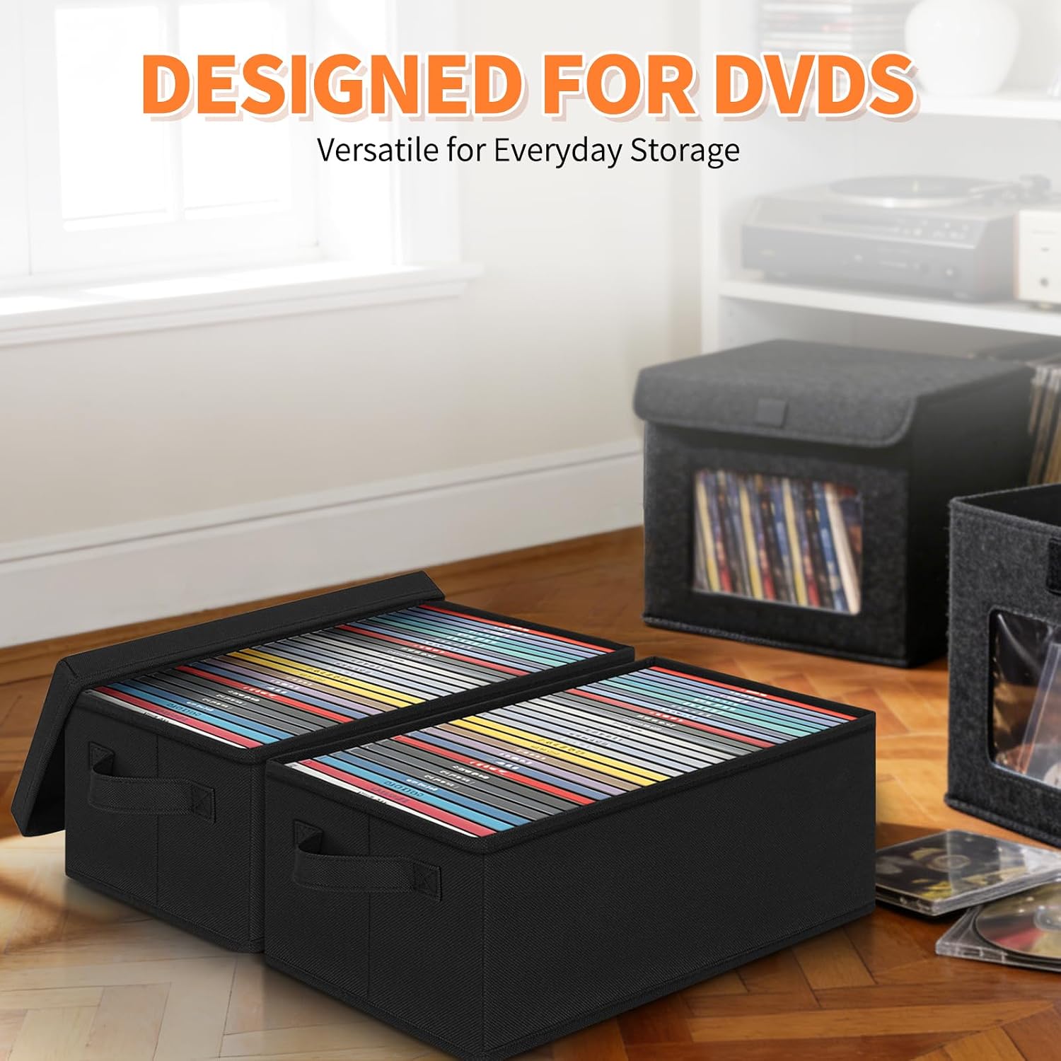 DVD Storage Box 4 Pack, 13.78x7.87x5.71 Inch Stackable Foldable Organizer with Lid & Handles, Holds 80 Standard/160 Slim Discs for Blu-ray/Games/Movies, Space-Saving, Black