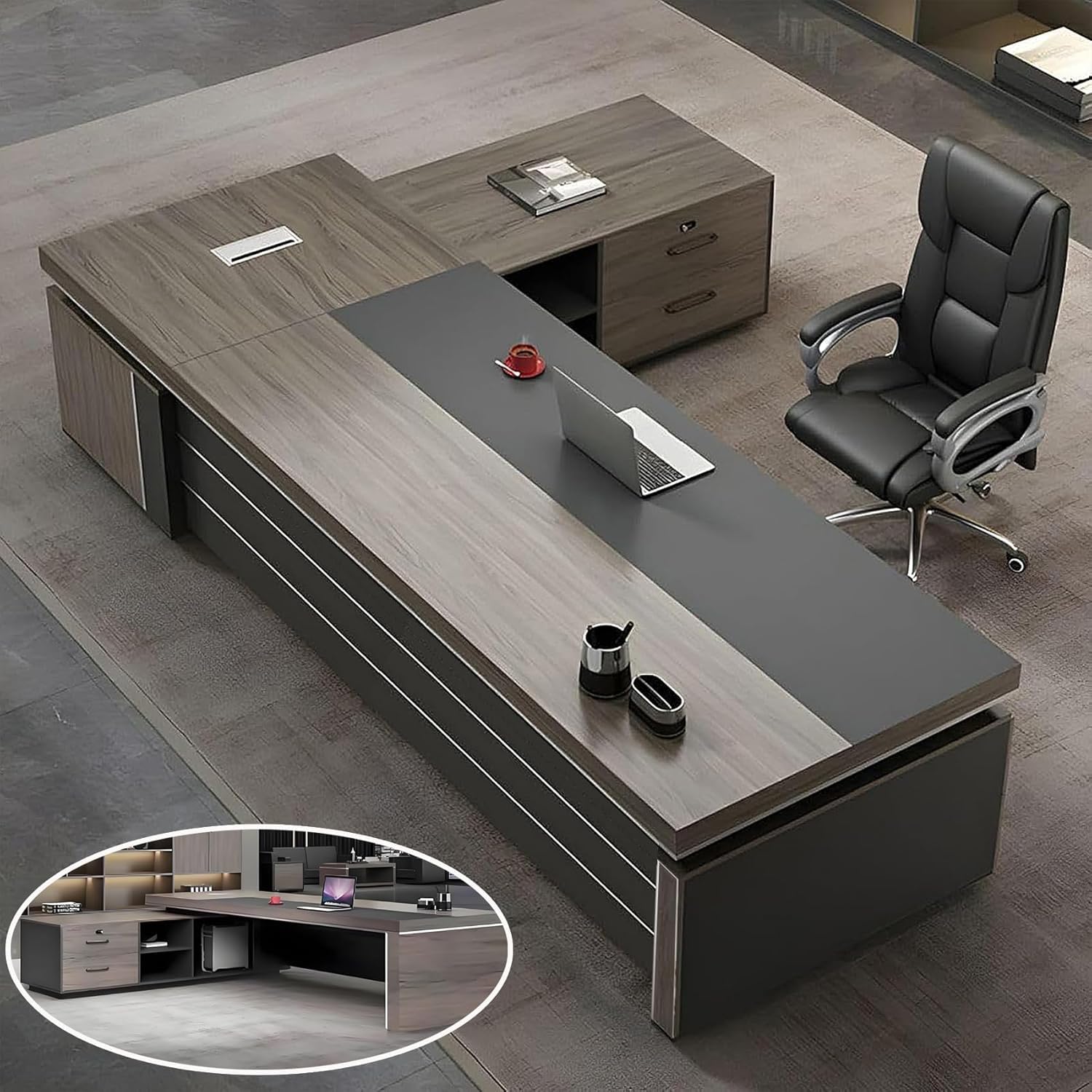 Domesto L-Shape Modern Executive Desk, L-Shape Office Executive Desk, Locking Drawer, Cord Management, Modern Wood Computer Writing Desks for Office (