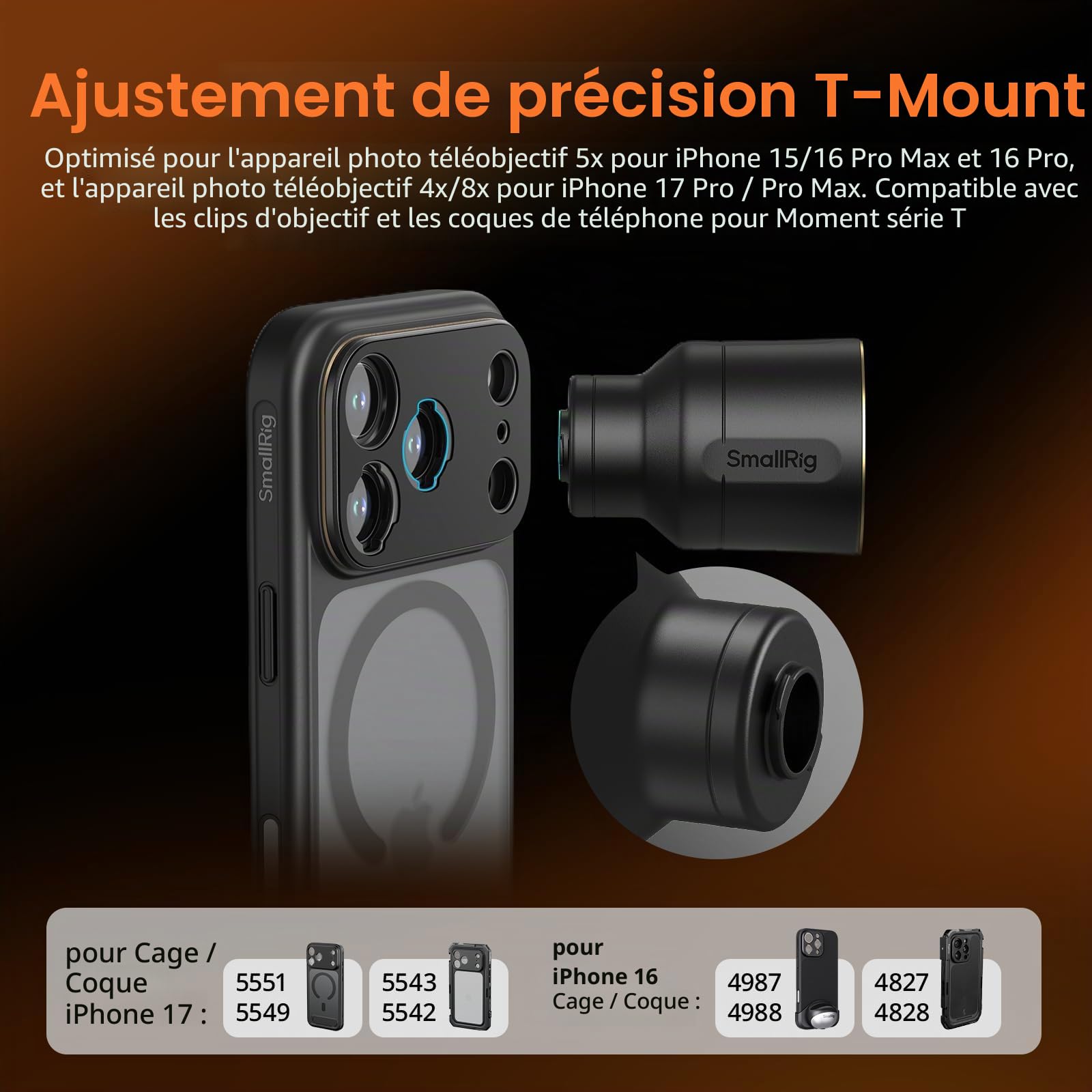 SMALLRIG 5920 Lot de 2 objectifs téléphoto pour iPhone 17/16/15 Pro Max, 2 lentilles de Magnification HD avec monture en T pour coque de téléphone, compatible avec smartphone 4x/5x/8x