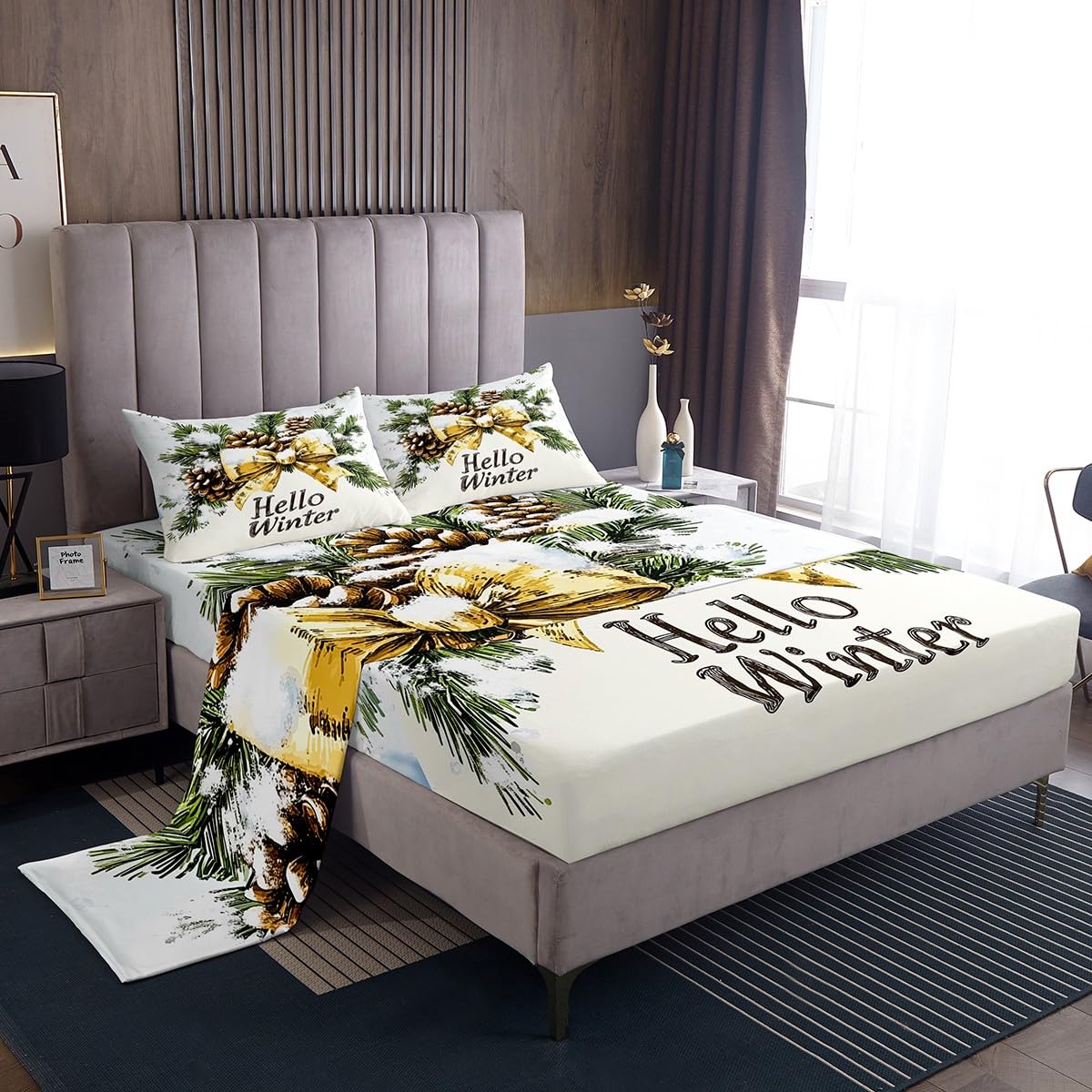 Homemissing Weihnachts-Bettwäsche-Set für Doppelbett, Hello Winter, für Kinder, Jungen, Mädchen, Fliegen, Bettlaken mit tiefer Tasche, Spannbetttuch, Schneeflocken-Bettwäsche-Set, Muschel