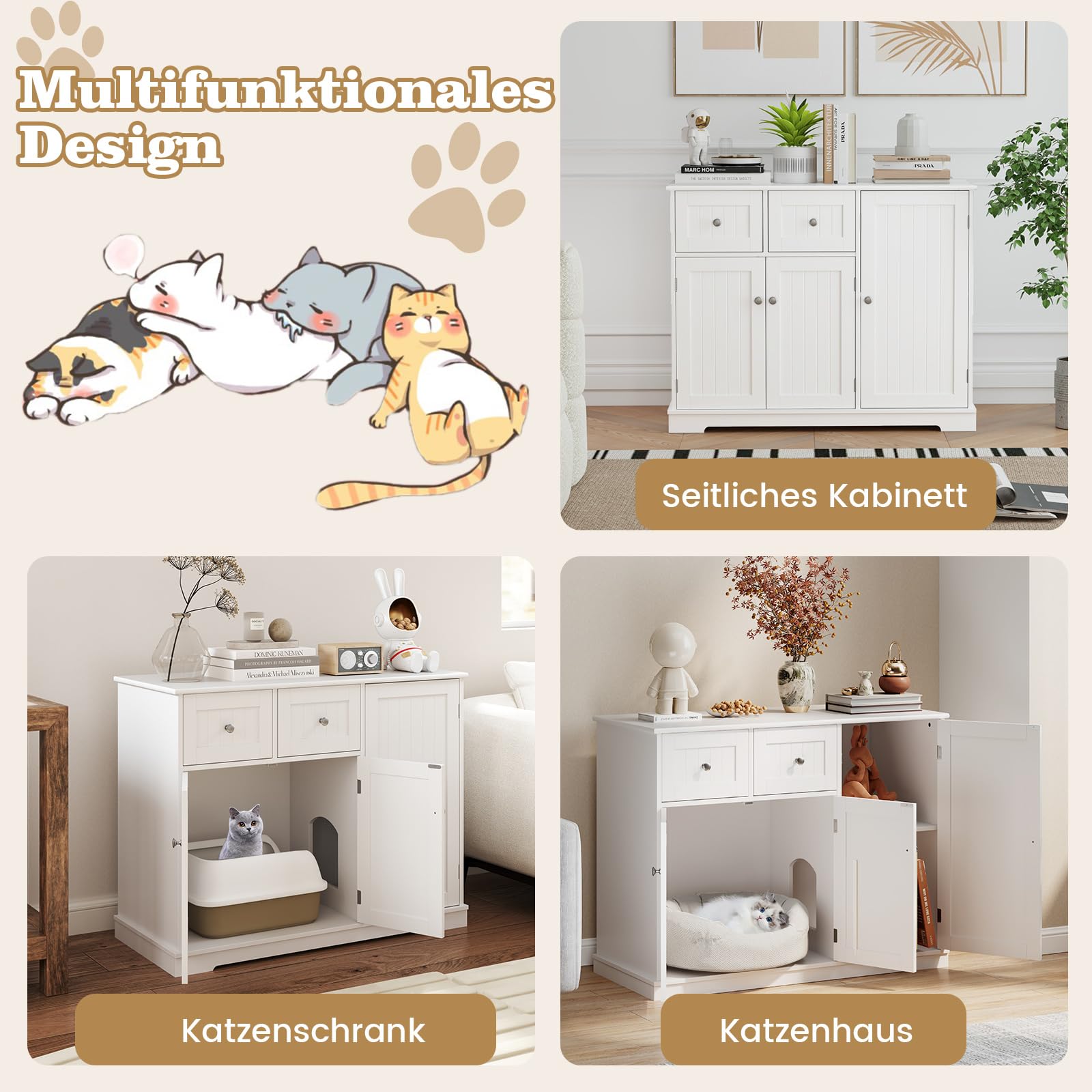 COSTWAY Katzenschrank für Katzentoilette, Katzenklo Schrank mit 2 Schubladen, 3 Türen & Eingang, Katzenhaus Katzenkommode Beistelltisch, Katzenmöbel für Innenbereich, modern, 100x45x80cm, Weiß
