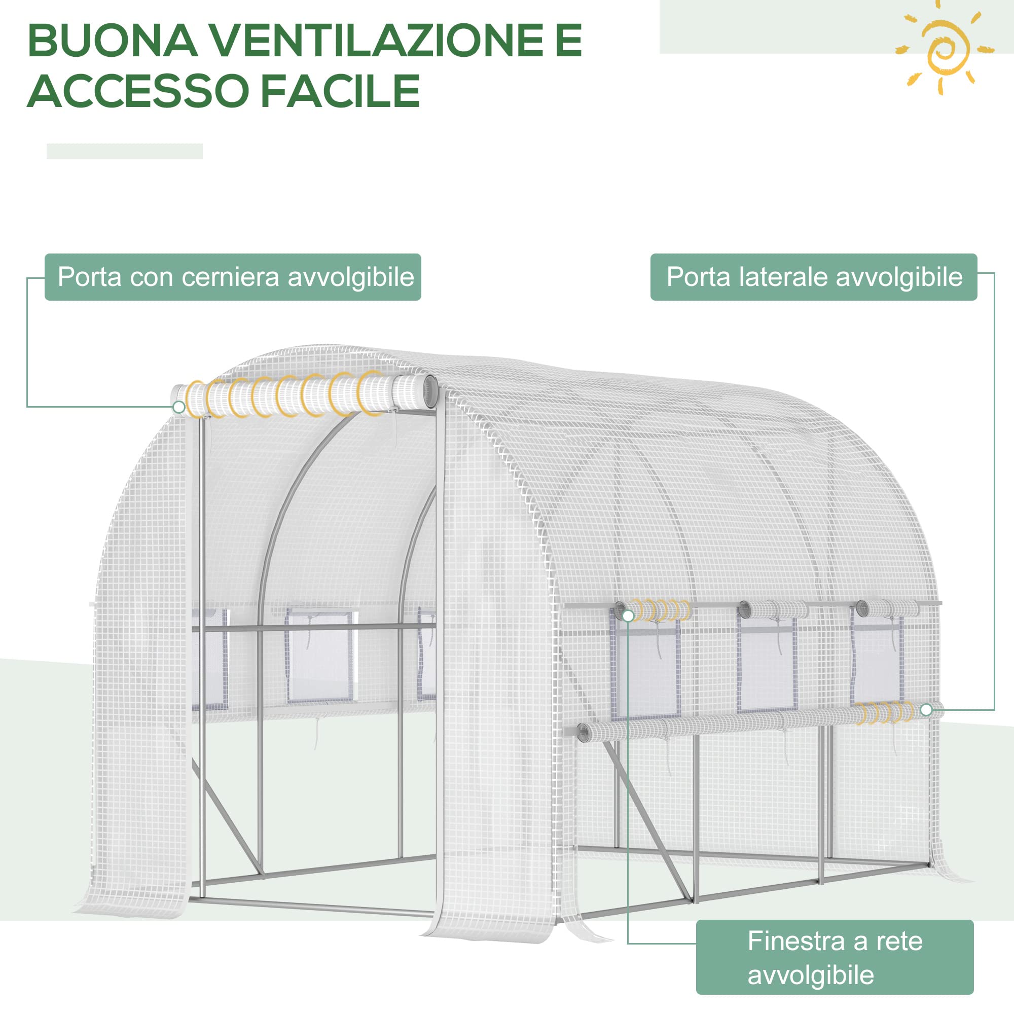 Outsunny Serra da Giardino a Tunnel 3x2x2 m con Porta Avvolgibile e 6 Finestre a Rete, Serra per Orto con Struttura in Acciaio e Copertura PE, per Orto Verdure Fiori Frutta, Anti UV, Bianco