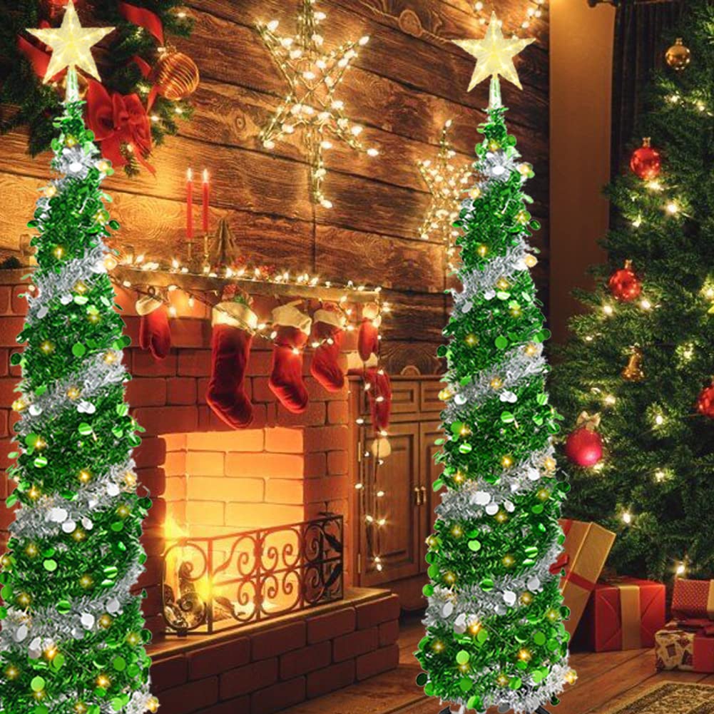 Sapin de Noël artificiel pliable avec 100 lumières LED et étoile pour les vacances, le carnaval, les fêtes, les décorations de Noël (vert)