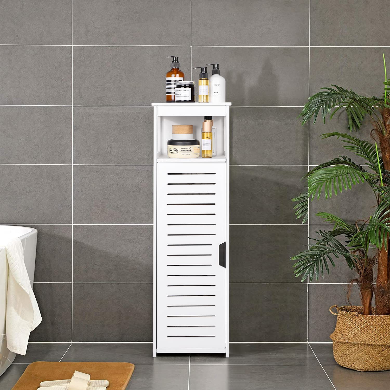 VOGGV Armadietto da bagno autoportante con 1 porta e ripiani per casa, cucina, soggiorno e corridoio, 22 x 20 x 75 cm, bianco