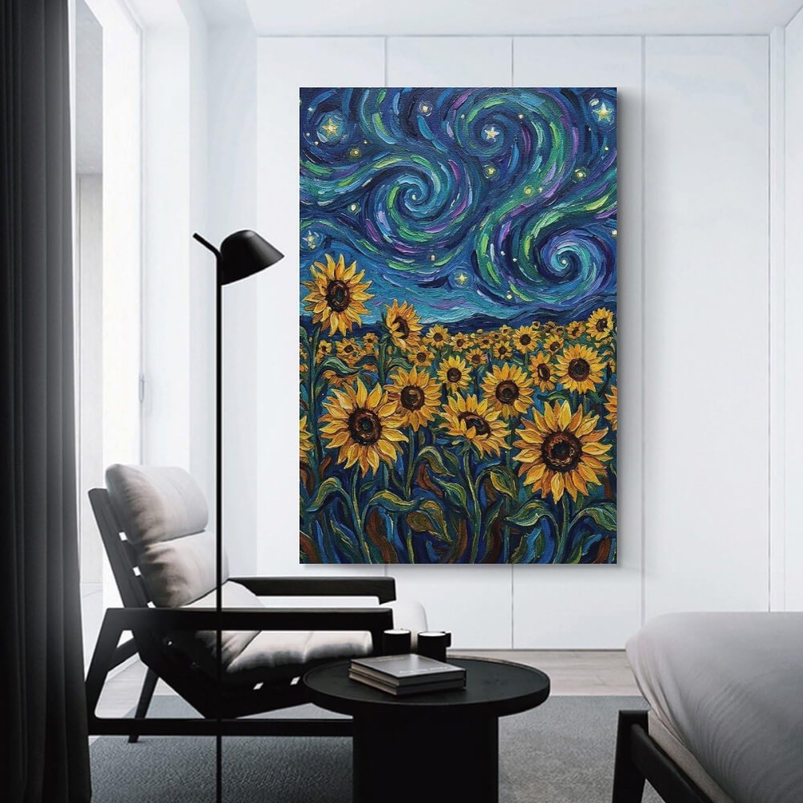 Junmoney Sunflower Field Under Swirling Night Sky Room Decor Wall Art 08x12inch(20x30cm), for Bedroom Walls, Guest Spaces Or Lounges, An Easy Wall Refresh for Bedrooms